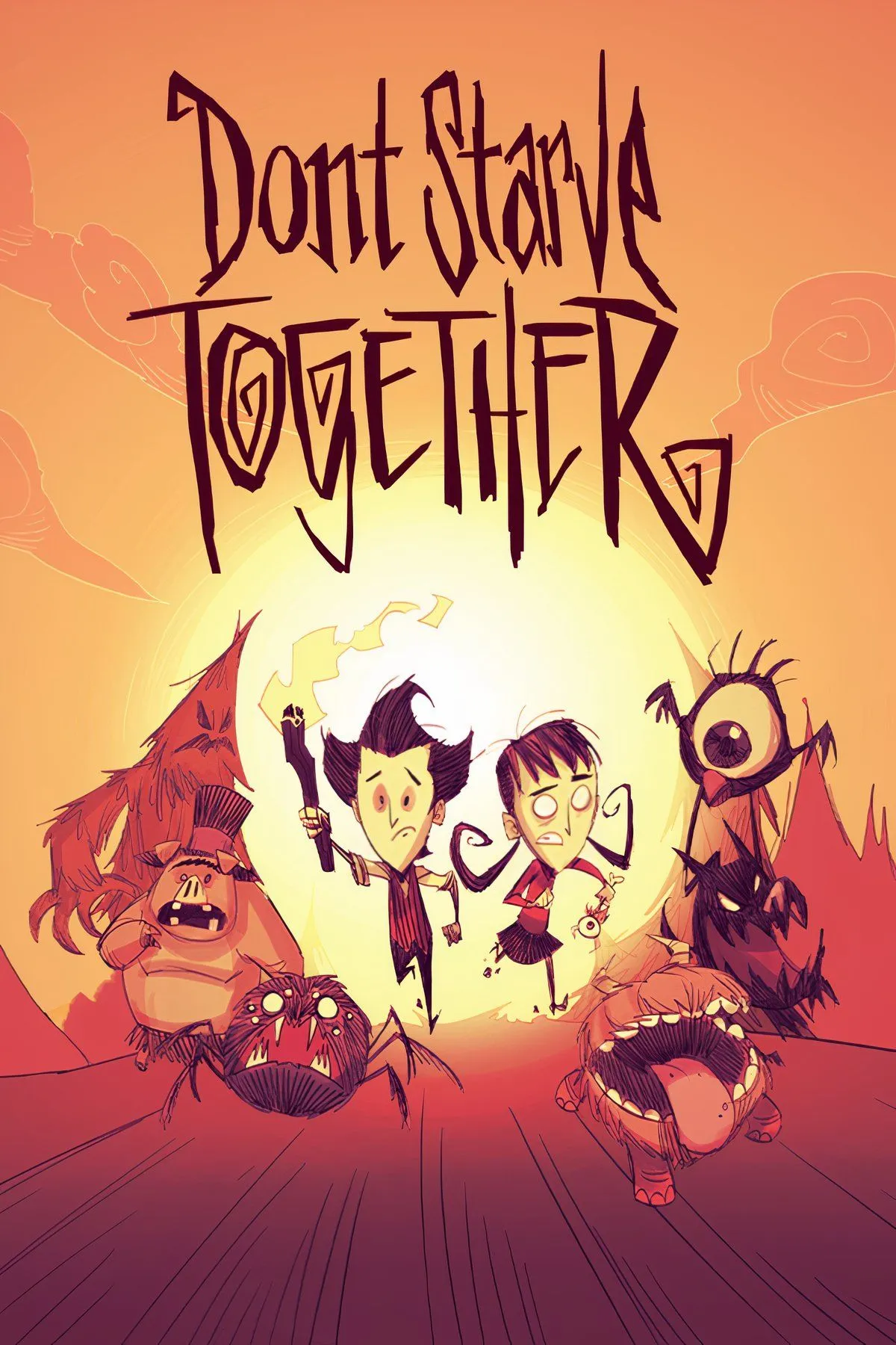 Các nhân vật hoạt hình của Don't Starve Together đang chuẩn bị thức ăn trên bàn nấu ăn với nhiều nguyên liệu