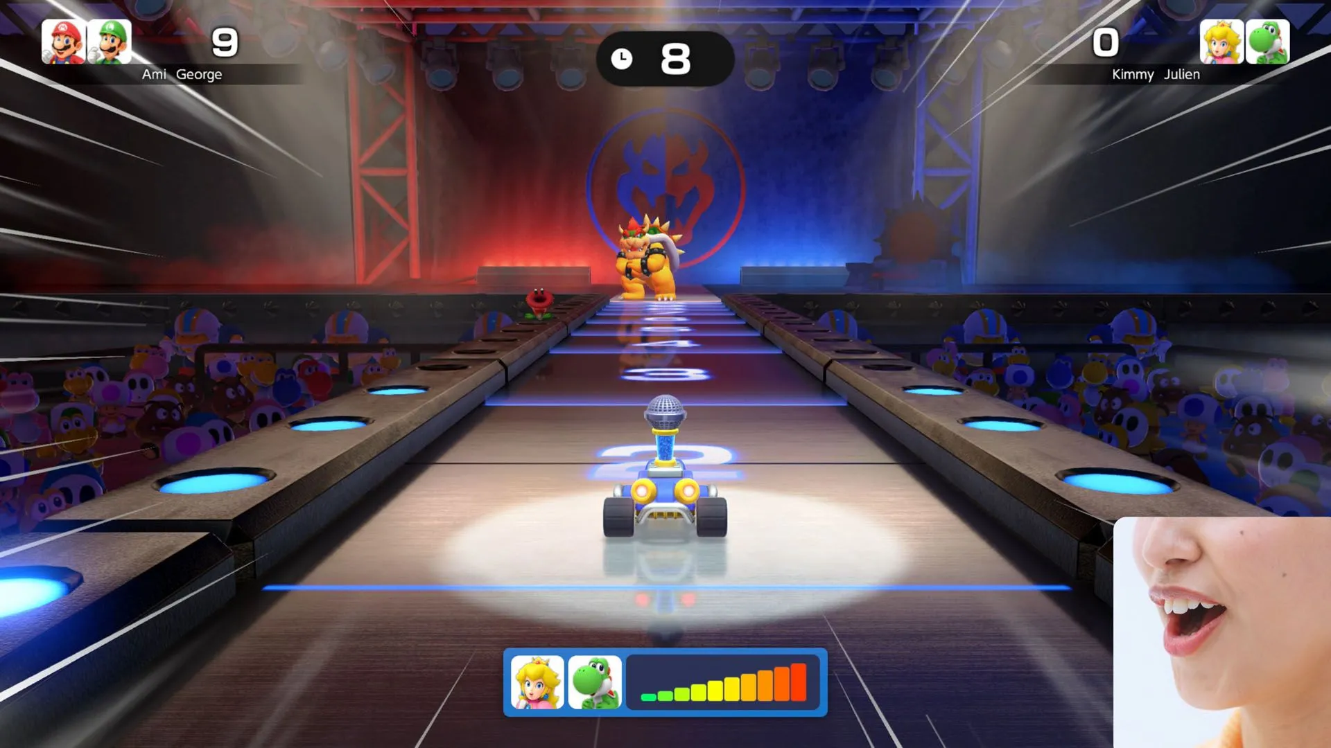 Các nhân vật và khuôn mặt người chơi trên màn hình khi trải nghiệm minigame trong Super Mario Party Jamboree Switch 2