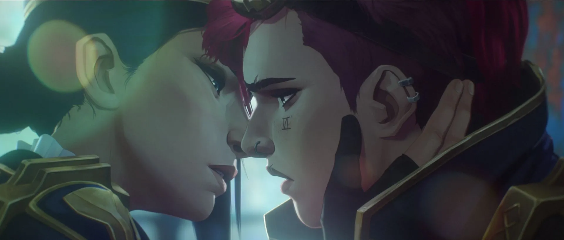 Caitlyn và Vi, cặp đôi lesbian canon từ series Arcane của Netflix, trao nhau nụ hôn lãng mạn thể hiện tình yêu của họ.