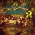 Đội hình các nhân vật trong game Octopath Traveler 2, minh họa phong cách đồ họa HD-2D đặc trưng của Square Enix.
