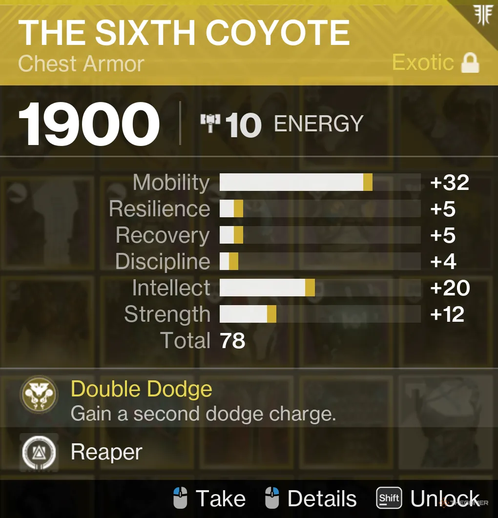 Exotic Sixth Coyote với chỉ số Mobility và Intellect cao