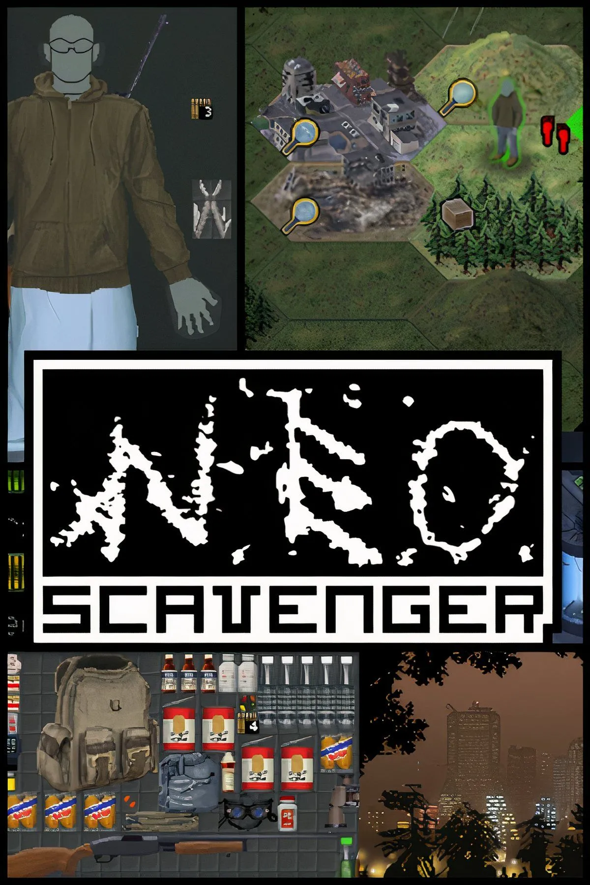 Giao diện bản đồ và các chỉ số sinh tồn trong game NEO Scavenger với đồ họa cổ điển