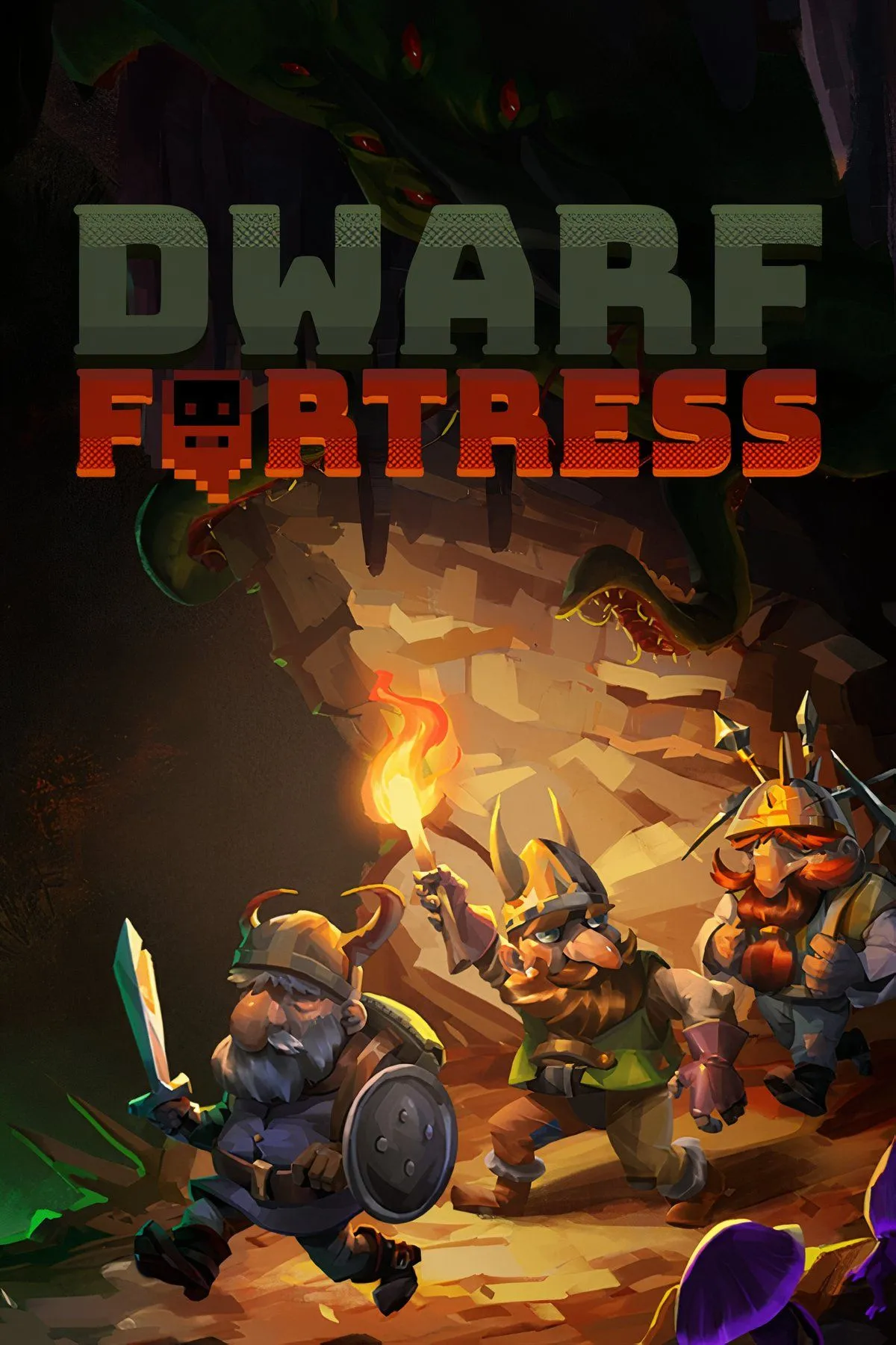 Giao diện đồ họa ASCII của Dwarf Fortress, hiển thị các lùn và kiến trúc pháo đài dưới lòng đất