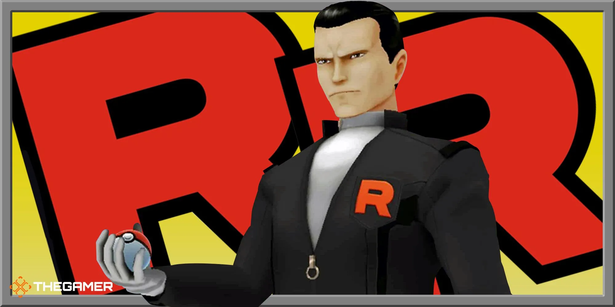 Giovanni với biểu tượng Team Rocket phía sau, thể hiện sự tàn nhẫn và tham vọng của một thủ lĩnh