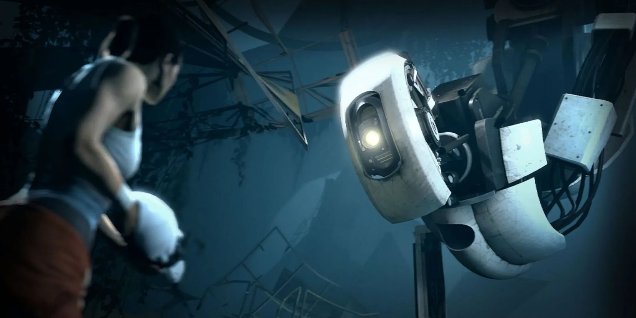 GLaDOS và Chell đối mặt nhau trong môi trường thử nghiệm Portal 2