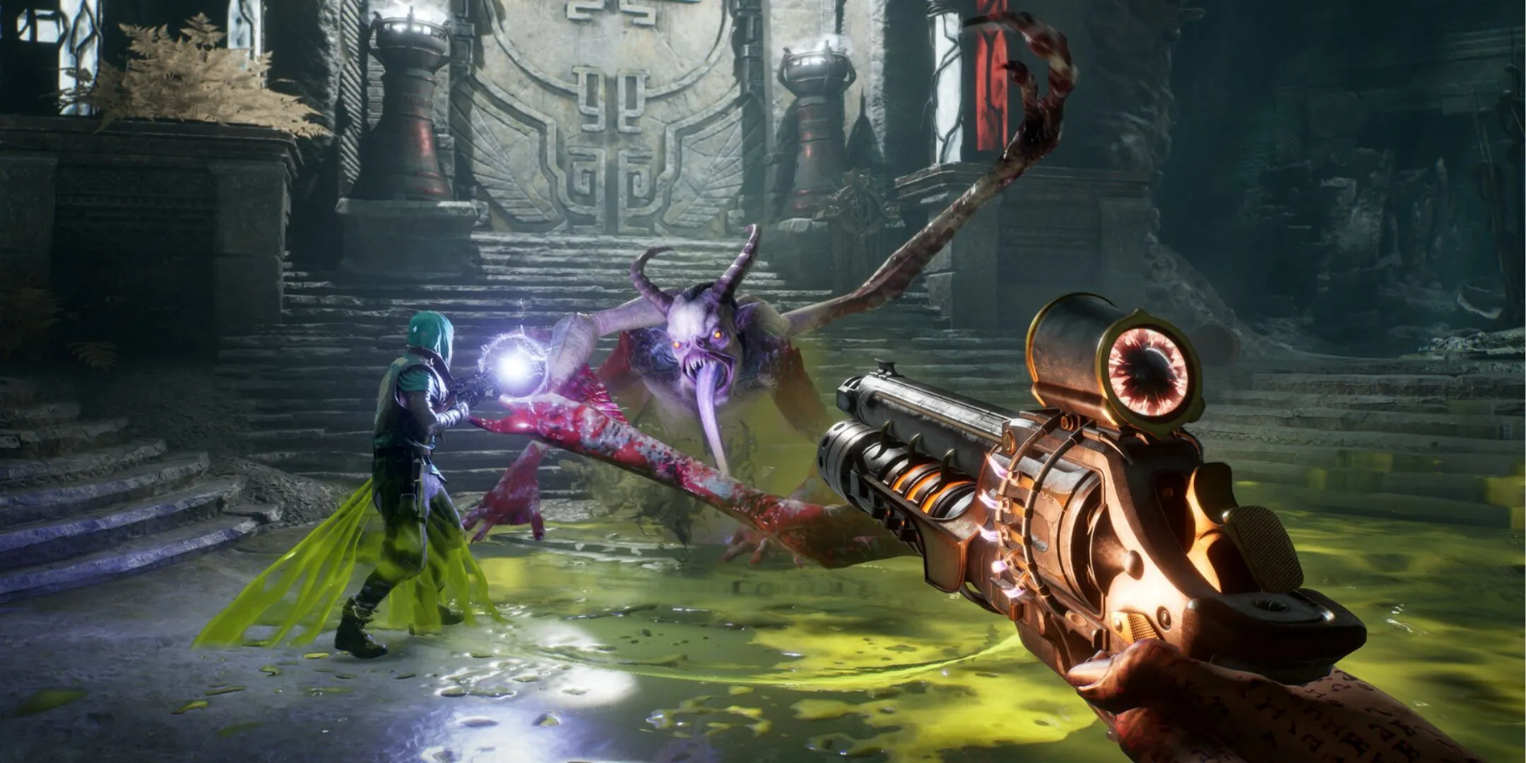Góc nhìn người thứ nhất nhắm bắn một quái vật dơi trong Painkiller 2025, minh họa lối chơi FPS hành động nhanh.