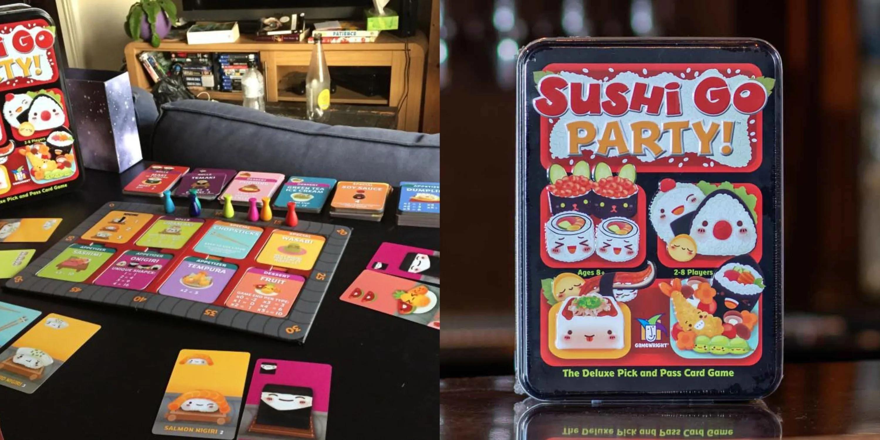 Hai hình ảnh từ Sushi Go! Party với các thẻ bài sushi dễ thương, cho thấy lối chơi thu thập combo nhanh gọn.