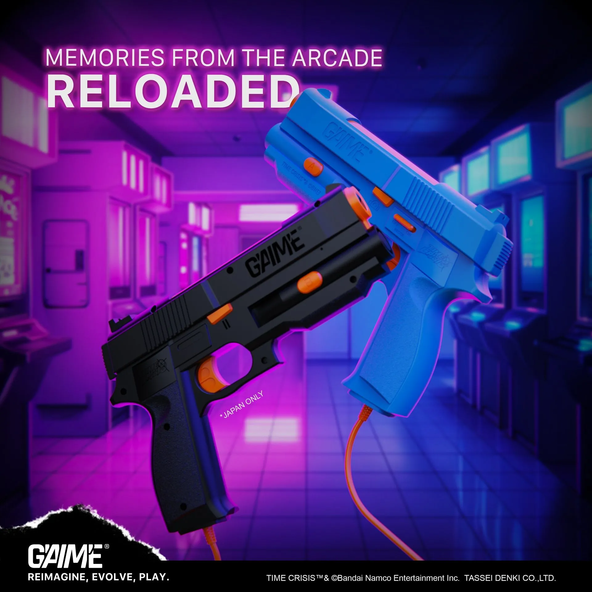 Hai khẩu súng chơi game G'aim'e màu neon xanh và đen, thể hiện sự đa dạng lựa chọn cho game thủ light gun.