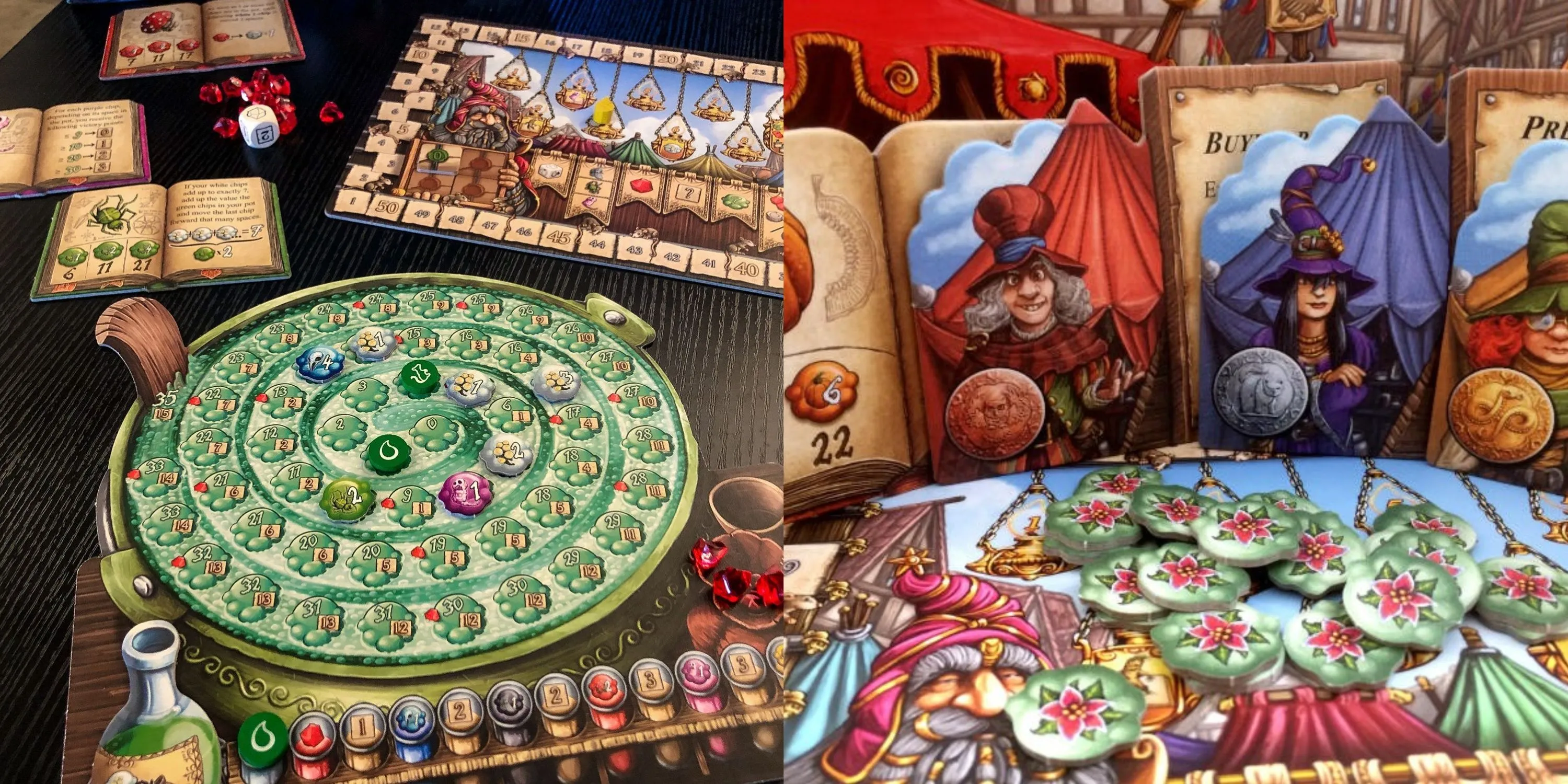 Hai khung cảnh từ game Quacks of Quedlinburg thể hiện quá trình pha chế thuốc bằng các nguyên liệu trong túi, minh họa cơ chế đẩy may rủi.