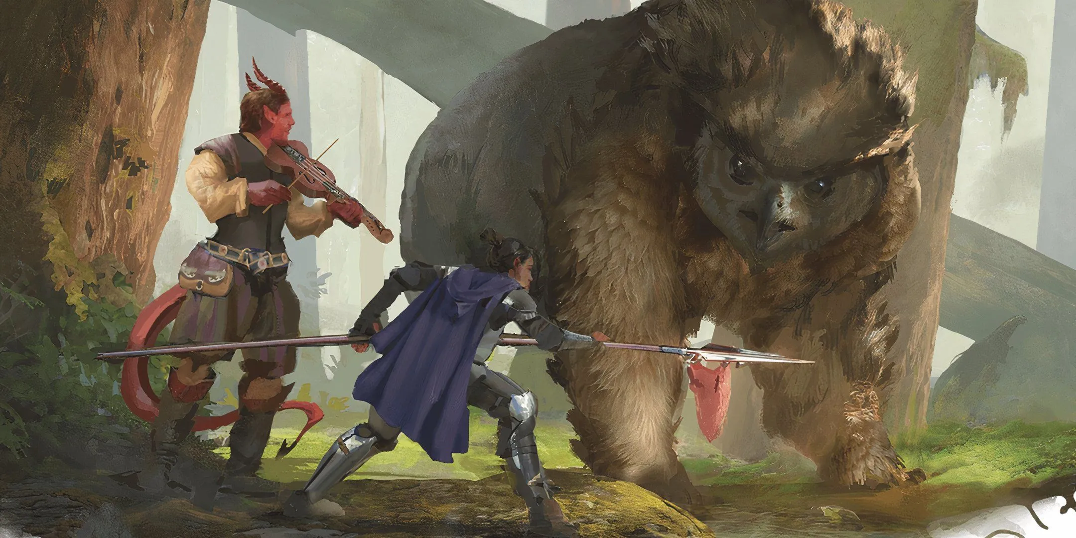 Hai nhà thám hiểm đang đàm phán với một Owlbear trong rừng, cảnh tượng căng thẳng và hấp dẫn