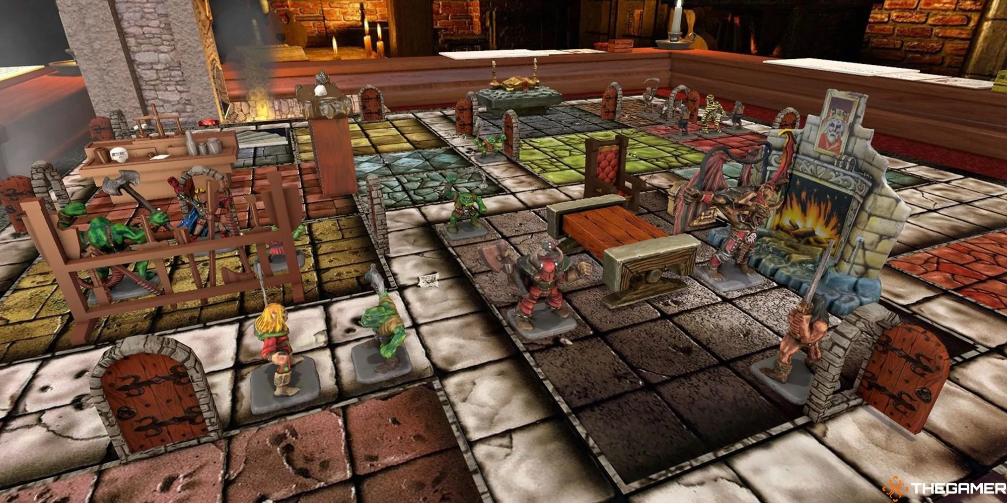 Hình ảnh bàn chơi HeroQuest với các nhân vật và quái vật được sắp xếp trong hầm ngục, gợi nhớ về những cuộc phiêu lưu giả tưởng