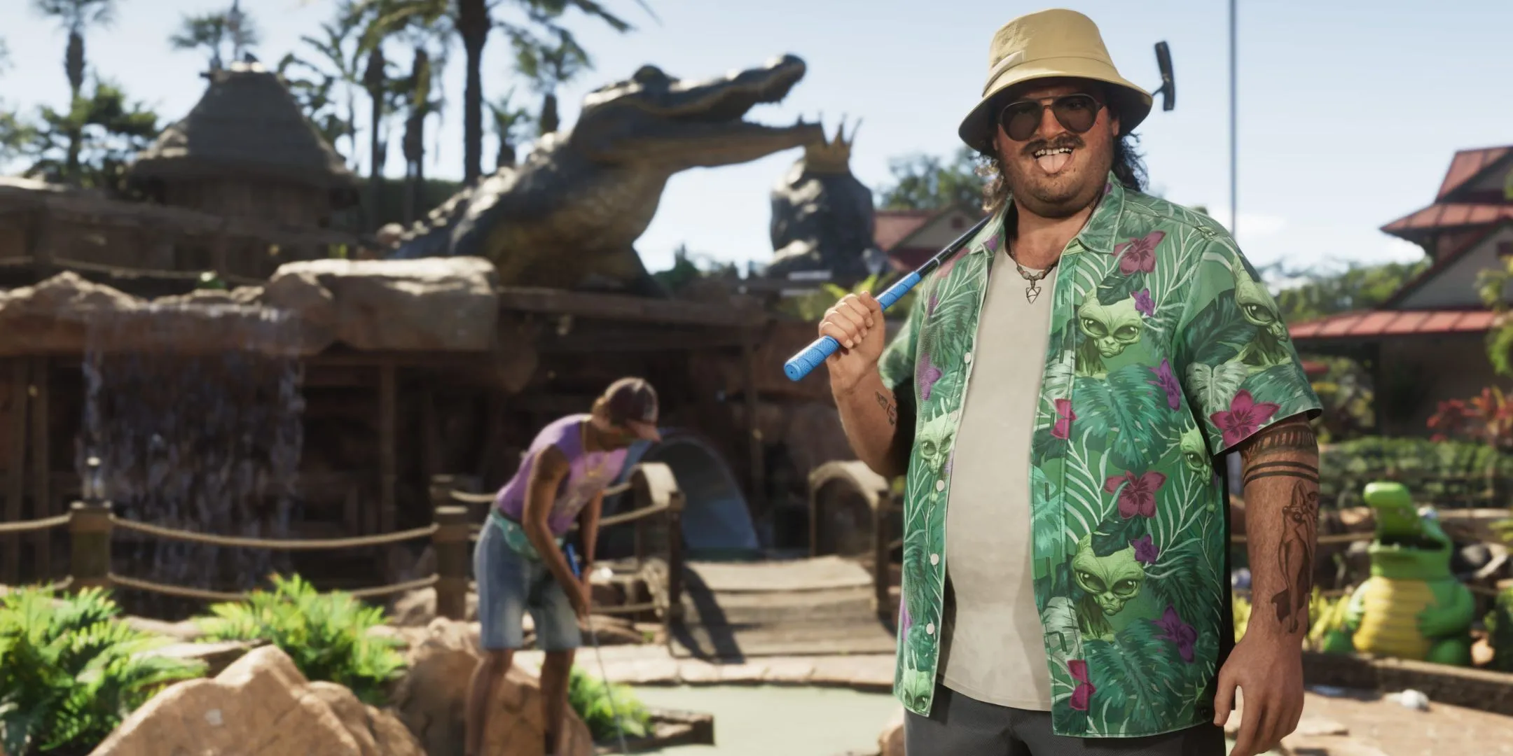 Hình ảnh chi tiết Cal Hampton chơi mini-golf trong GTA 6, thể hiện sự chăm chút đồ họa của Rockstar.