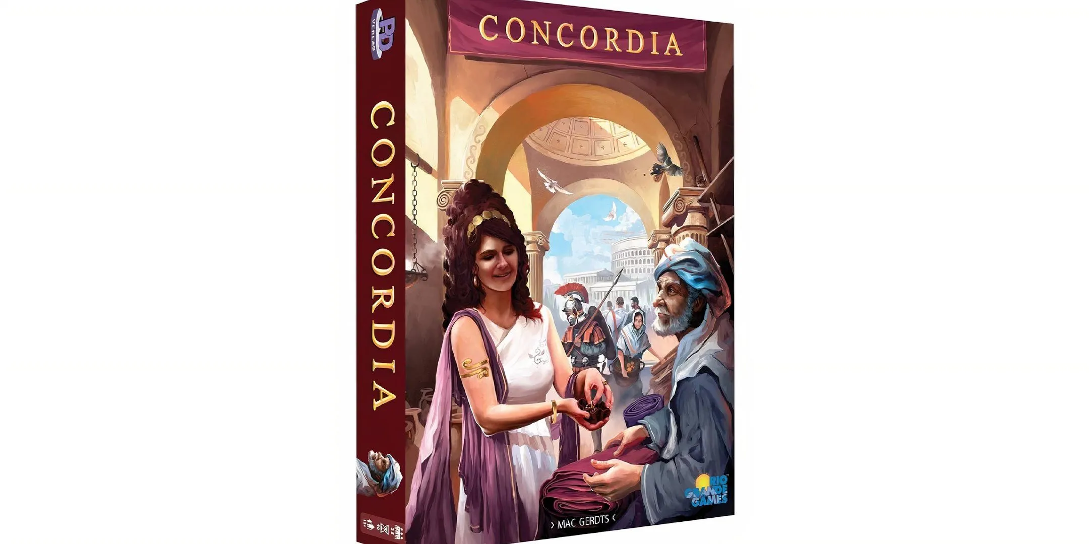 Hình ảnh hộp game Concordia với bản đồ và các chi tiết thiết kế cổ điển La Mã.