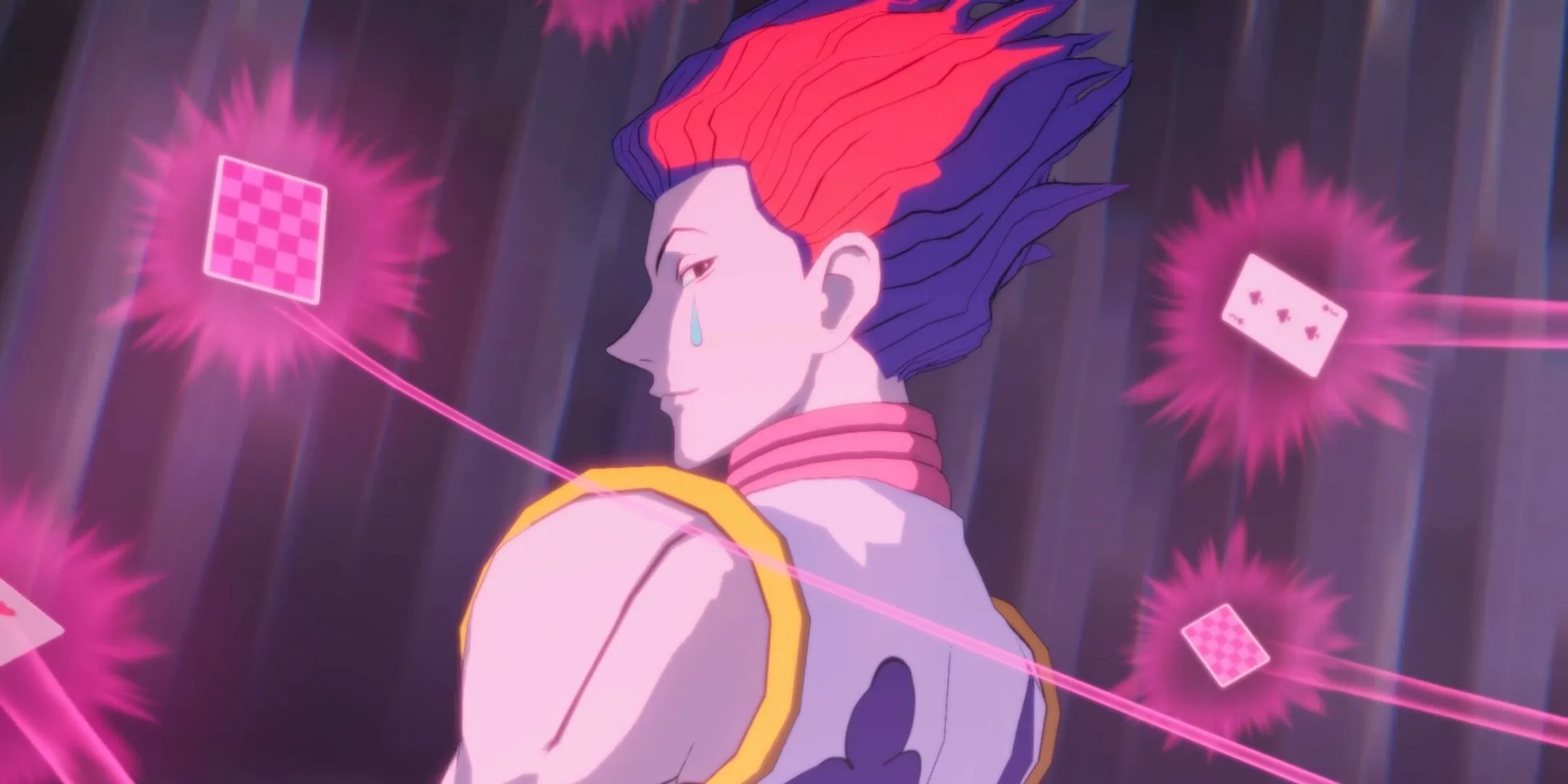 Hisoka trong trang phục quen thuộc, sẵn sàng chiến đấu trong Hunter x Hunter: Nen x Impact.