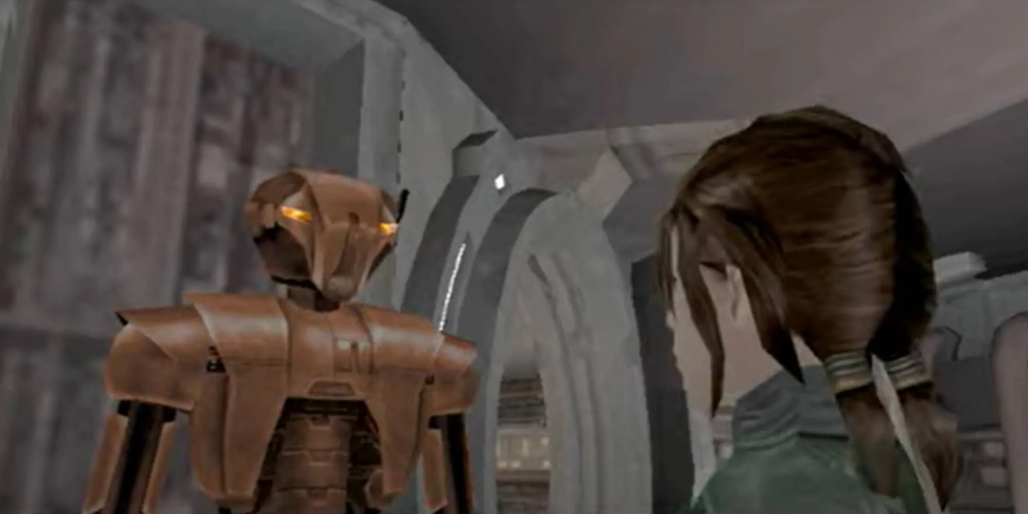 HK-47, droid sát thủ với ngôn ngữ đặc trưng 'meatbag', đang trò chuyện cùng The Exile trong Knights of the Old Republic 2.
