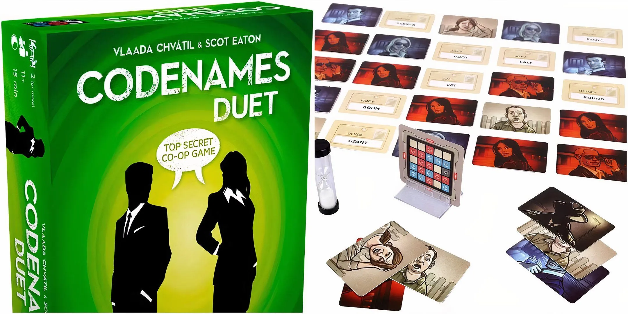 Hộp board game Codenames Duet và bàn chơi với các từ khóa mã hóa