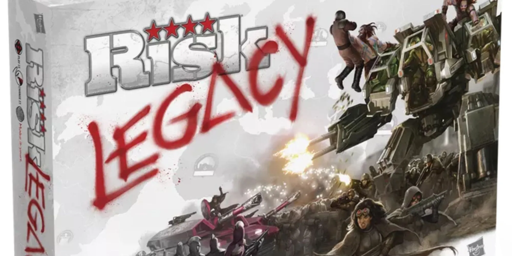 Hộp game Risk Legacy với hình ảnh một cỗ máy khổng lồ xé nát binh lính, tượng trưng cho sự hủy diệt và quyền lực