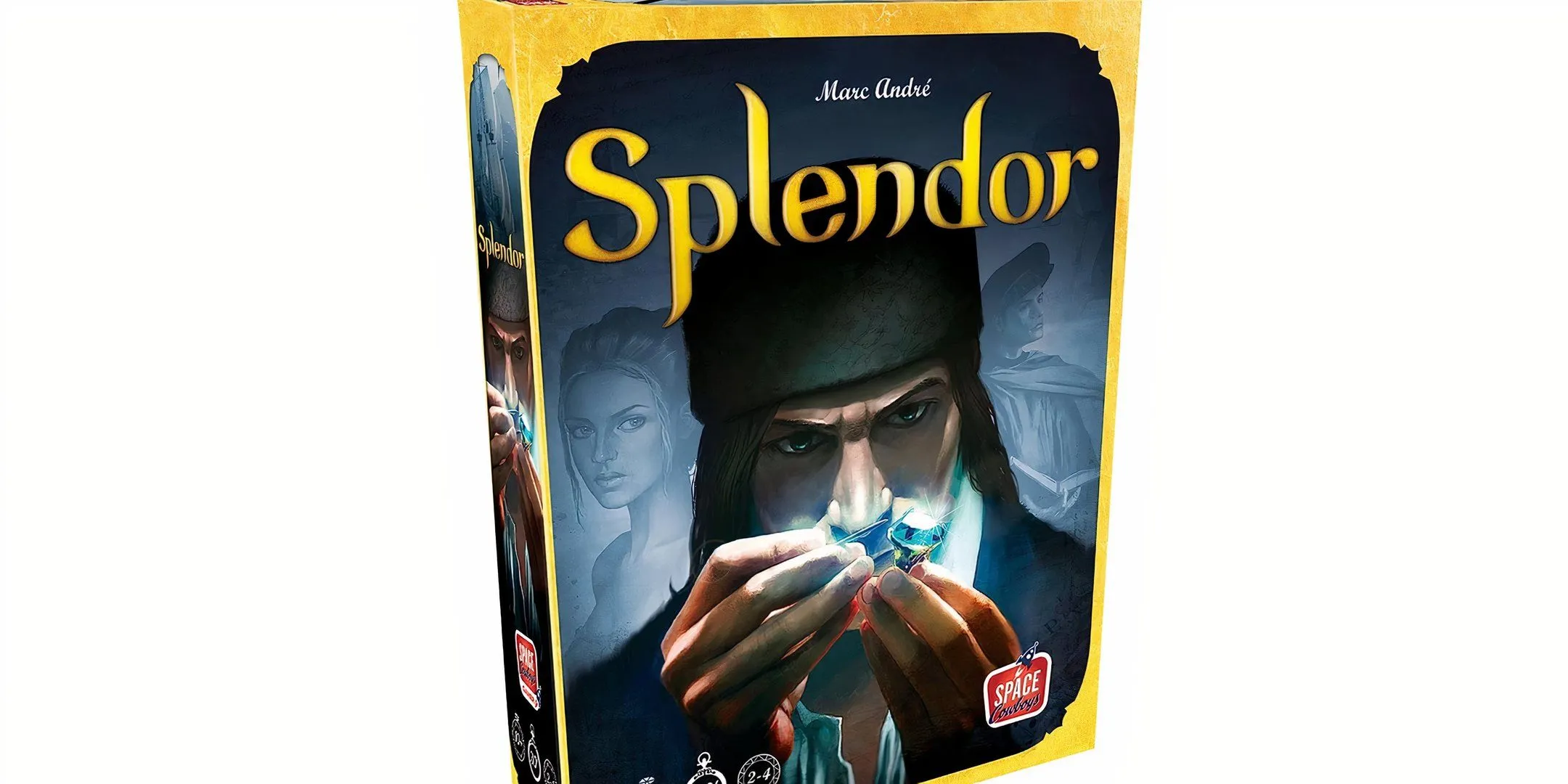 Hộp game Splendor với hình ảnh một người đàn ông nhìn vào những viên đá quý lấp lánh.