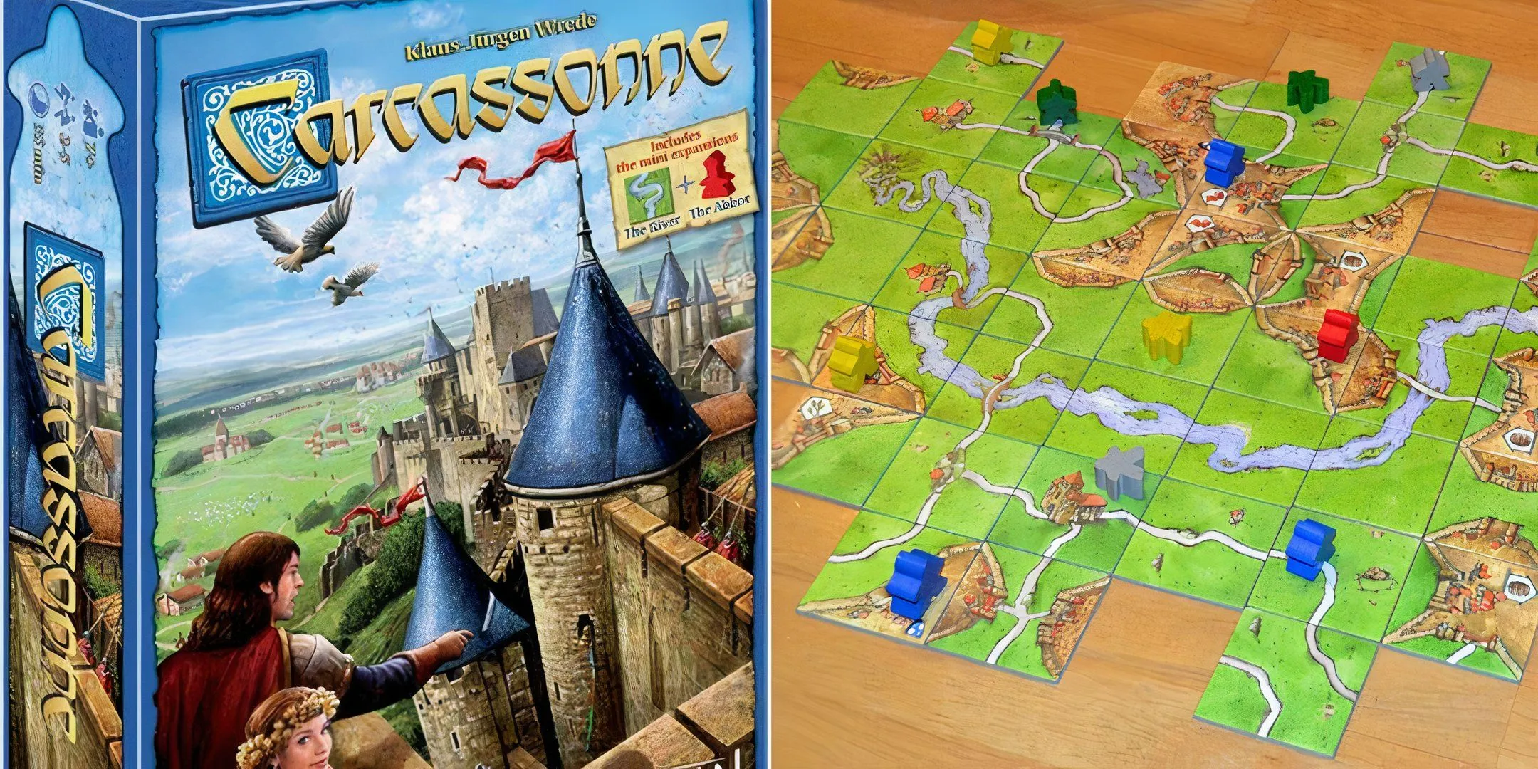 Hộp game và bàn chơi Carcassonne đang được xây dựng từ các miếng gạch địa hình.