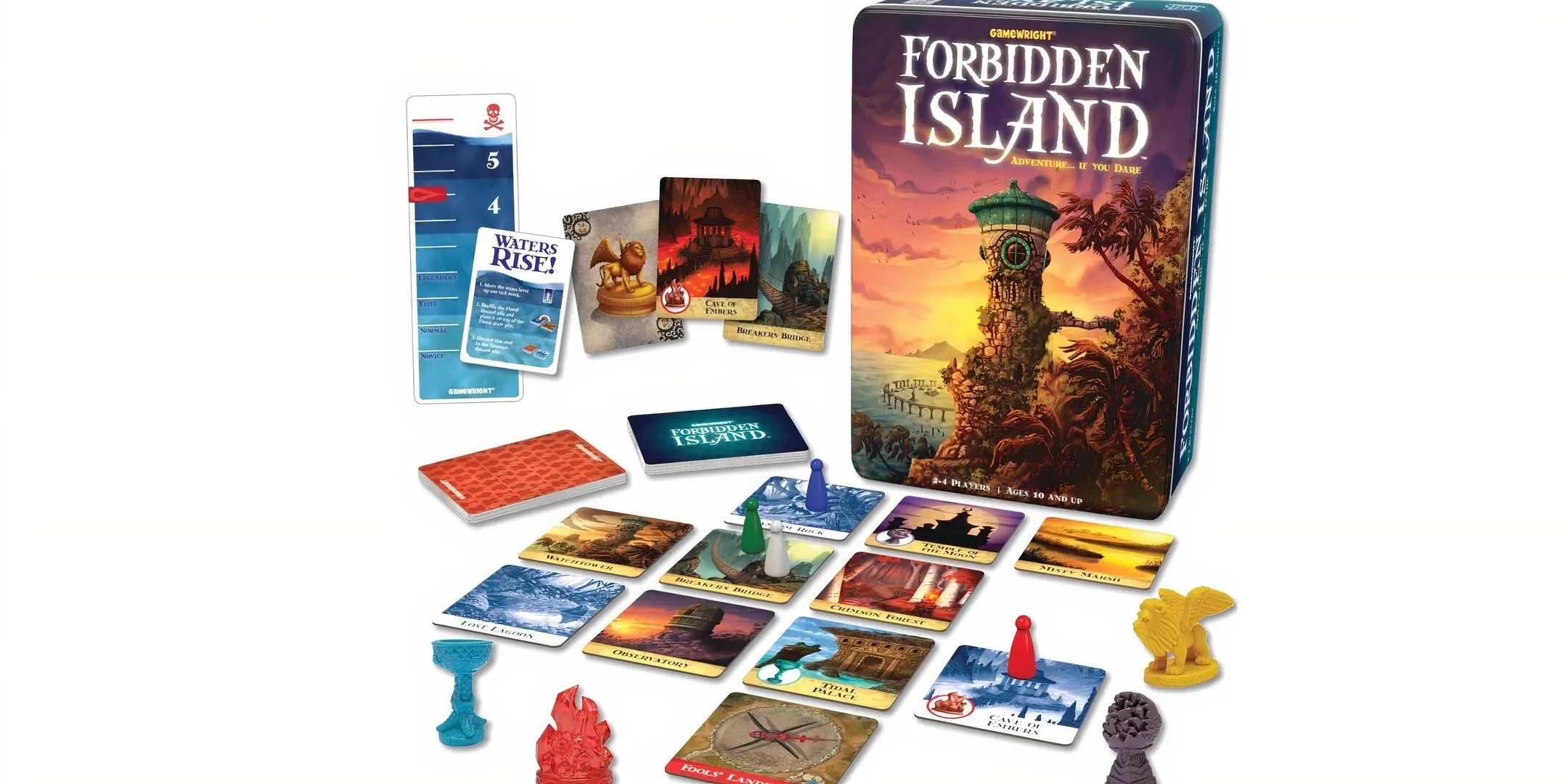 Hộp game và các mảnh ghép bàn chơi Forbidden Island trên nền xanh mát.