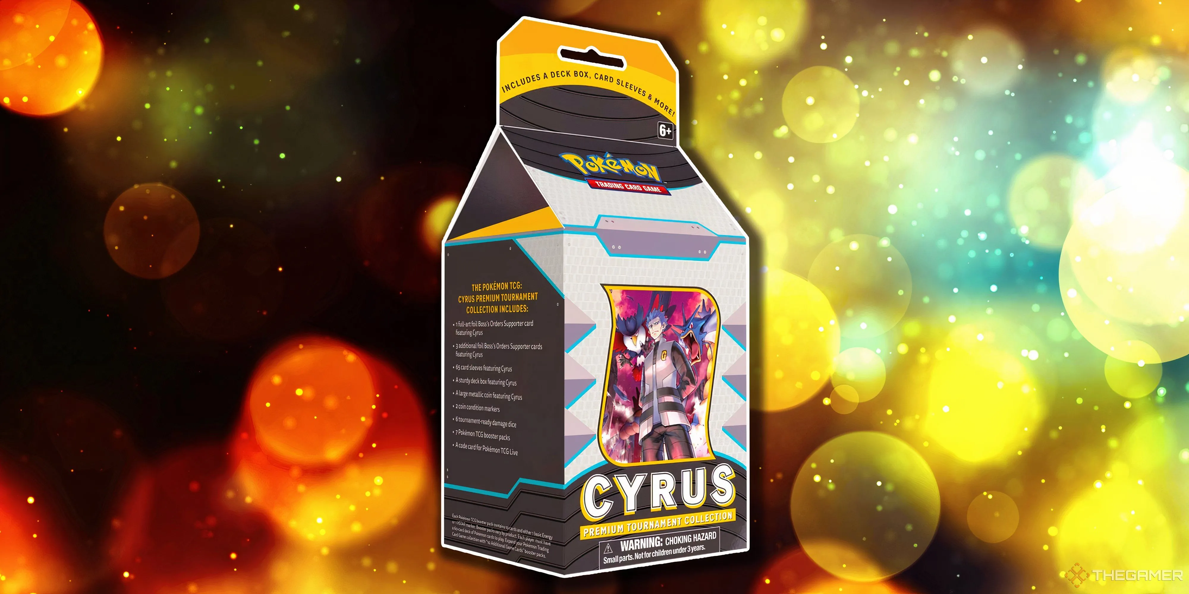 Hộp Premium Tournament Collection Cyrus màu xanh đậm, nổi bật với hình ảnh trùm Team Galactic, chứa đựng những thẻ bài giá trị và bí ẩn.