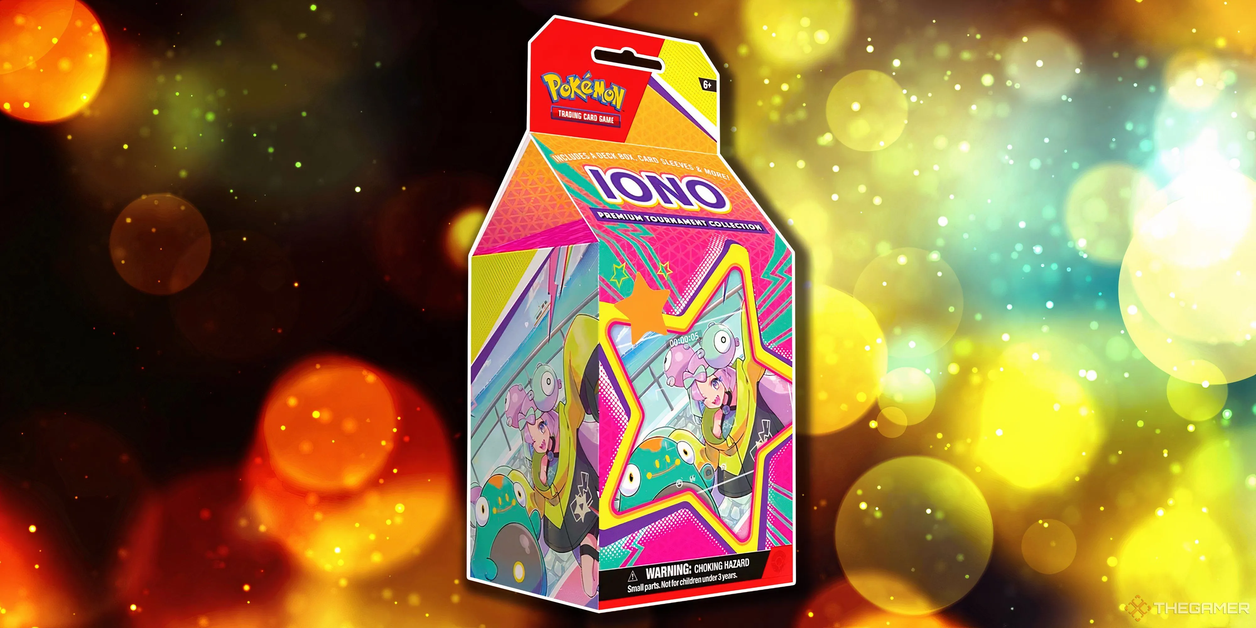 Hộp Premium Tournament Collection Iono rực rỡ sắc màu, phản ánh cá tính nổi bật của nữ Gym Leader Paldea và là món đồ sưu tầm được yêu thích.