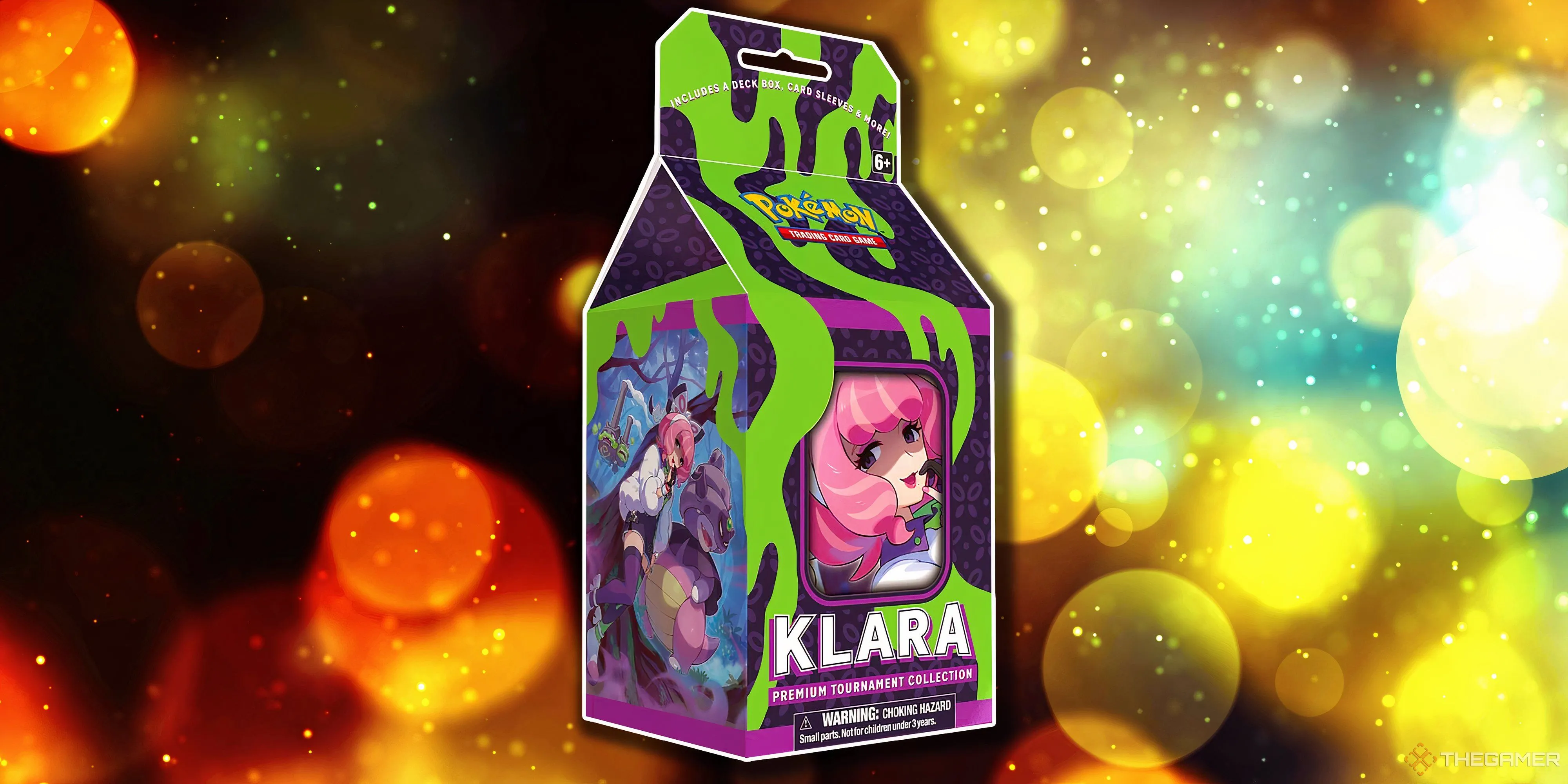 Hộp Premium Tournament Collection Klara với tông màu tím chủ đạo và hình ảnh Klara năng động, biểu tượng cho sức hút của các gói mở rộng Sword &amp; Shield.