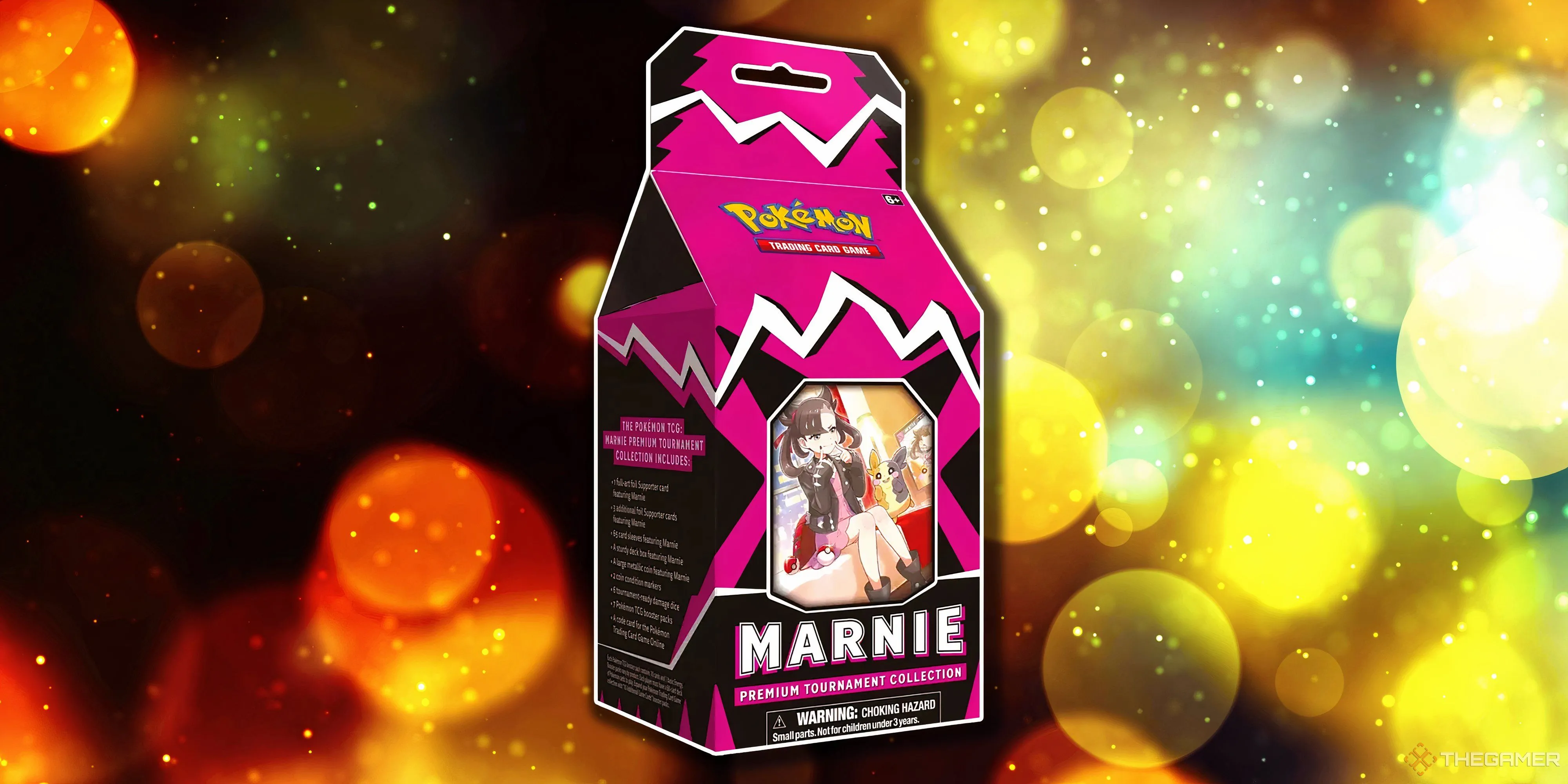 Hộp Premium Tournament Collection Marnie với màu sắc mạnh mẽ, phản ánh sự nổi tiếng vượt trội của nhân vật này, là đỉnh cao của bộ sưu tập Pokemon TCG.