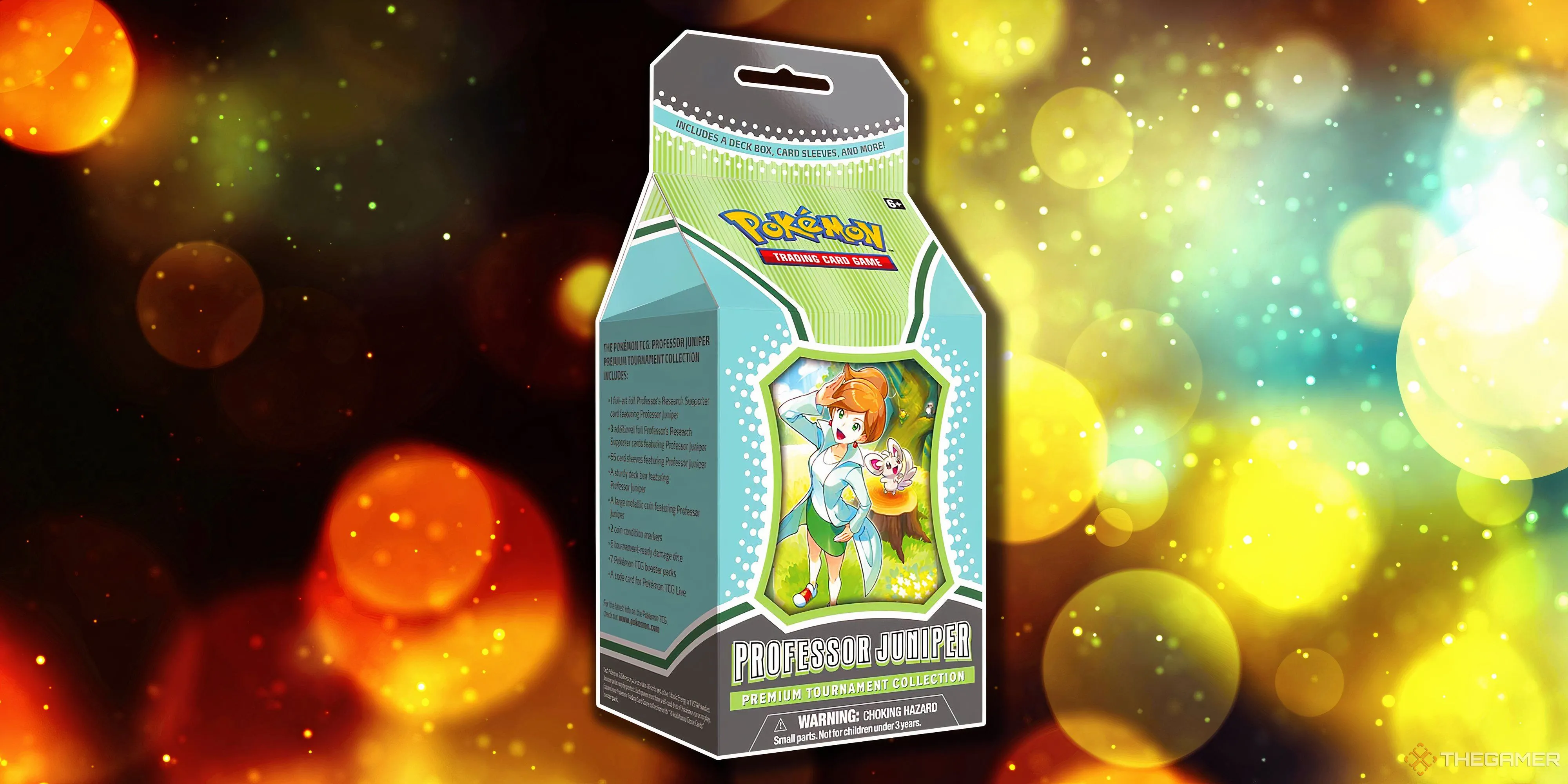 Hộp Premium Tournament Collection Professor Juniper, với vẻ ngoài thanh lịch và tri thức, đại diện cho những giá trị bền vững trong thế giới Pokémon TCG.