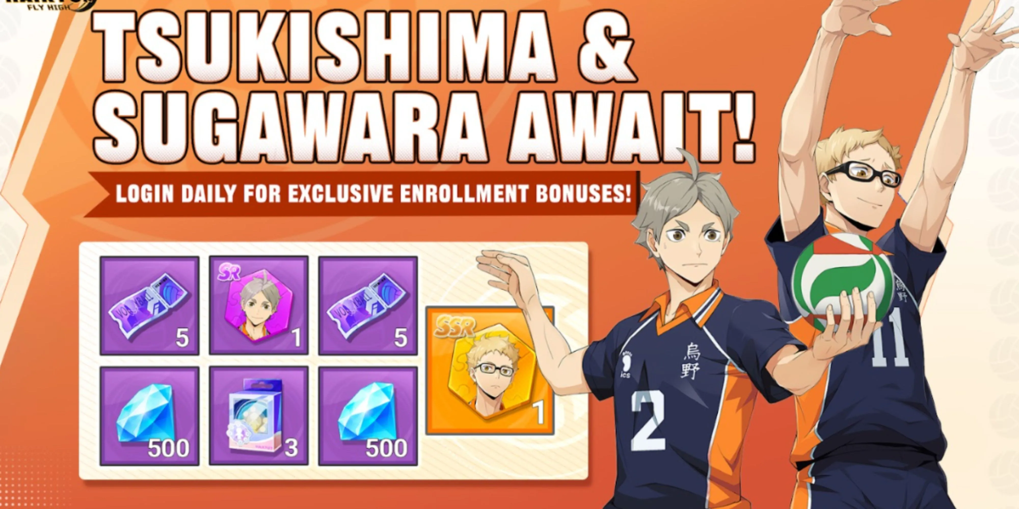 Kei Tsukishima và Koshi Sugawara trong đồ họa game HAIKYU!! FLY HIGH