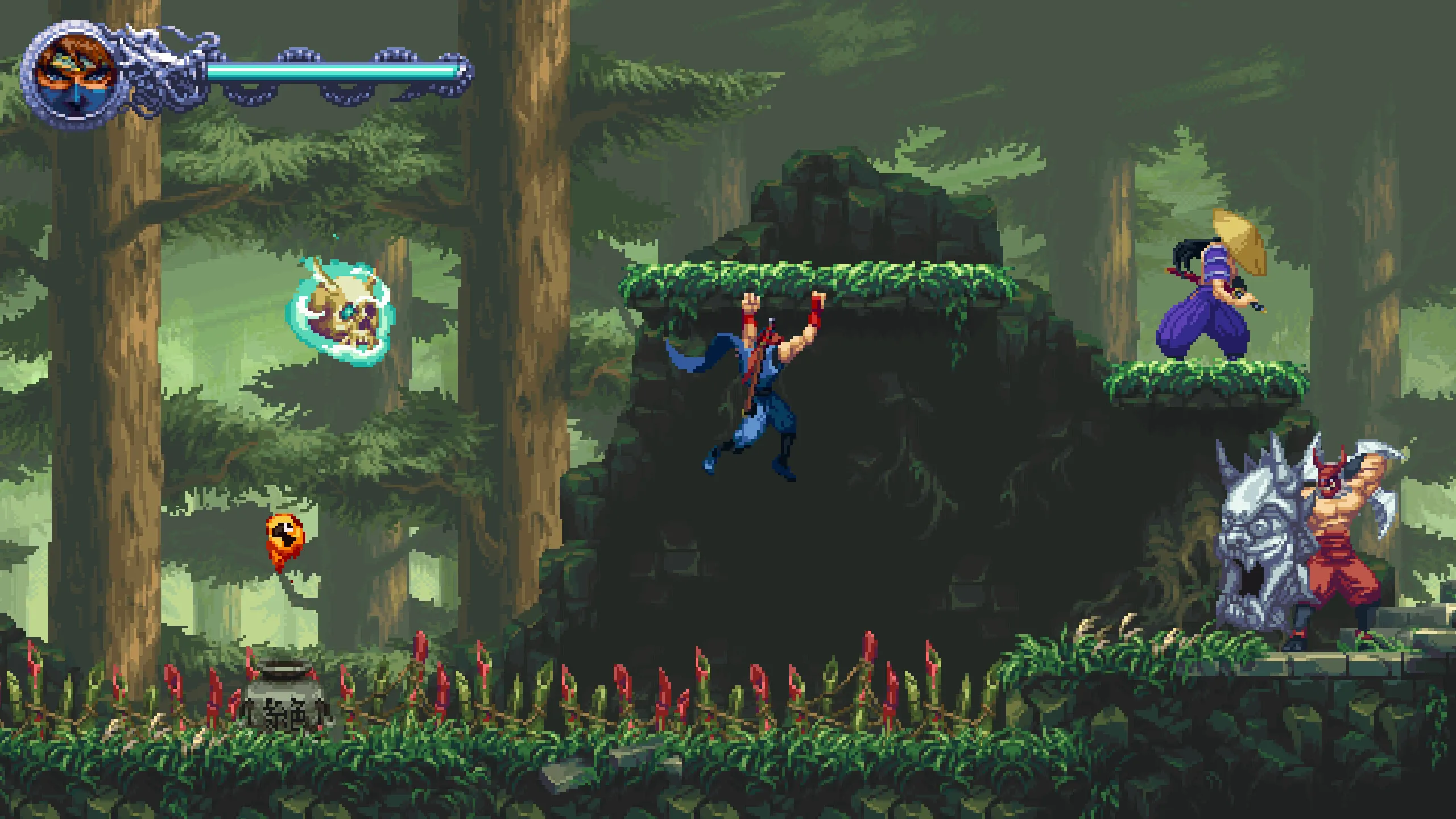 Kenji đang thực hiện động tác leo tường trong môi trường rừng xanh tươi trong Ninja Gaiden: Ragebound.