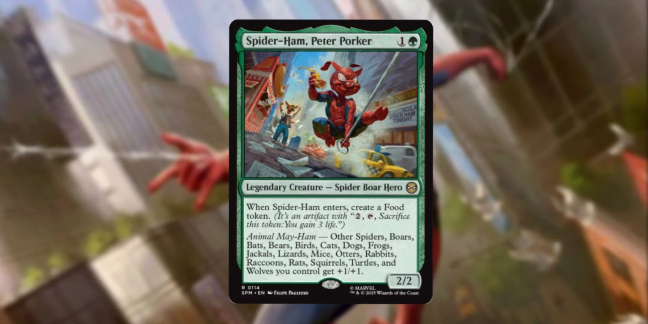 Lá bài Magic: The Gathering Spider-Ham, Peter Porker với hình ảnh quen thuộc.