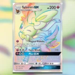 Lá bài Pokemon TCG Sylveon GX Secret Rare từ bộ Guardians Rising với hiệu ứng cầu vồng lấp lánh.
