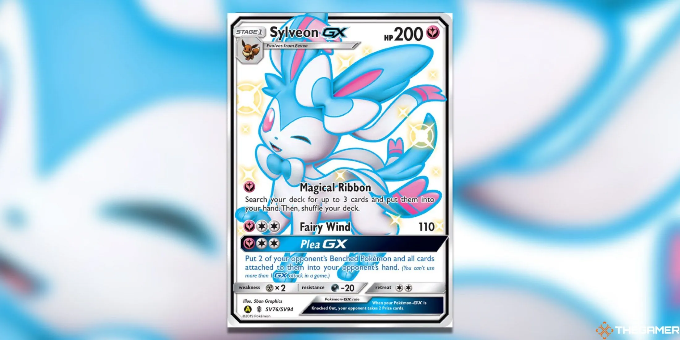 Lá bài Pokemon TCG Sylveon GX Shiny Holo Rare từ Hidden Fates, với tông màu hồng kẹo bông ngọt ngào.
