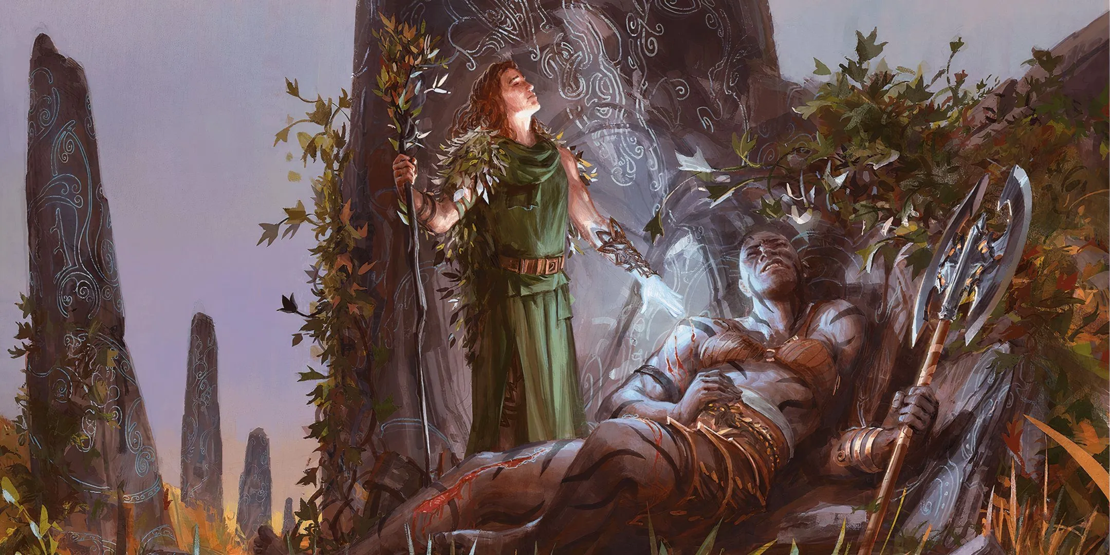 Một Druid với áo choàng xanh đang thi triển Lesser Restoration lên một chiến binh ngã xuống