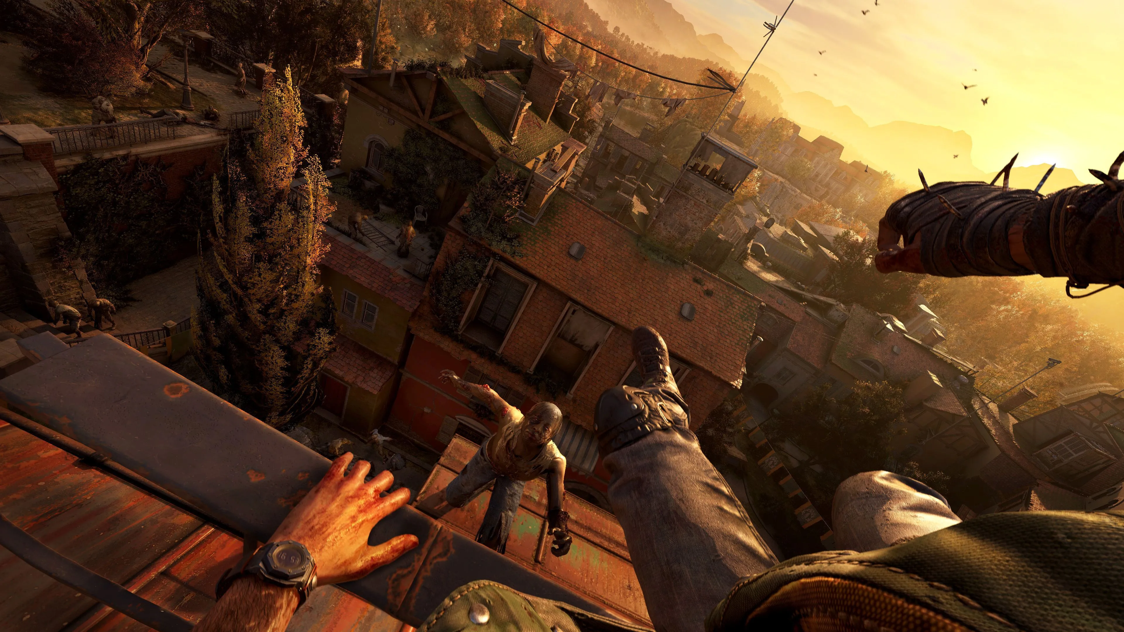 Một game thủ đang thực hiện cú nhảy parkour ấn tượng từ mái nhà để đối đầu với zombie trong bối cảnh nông thôn của Dying Light The Beast.