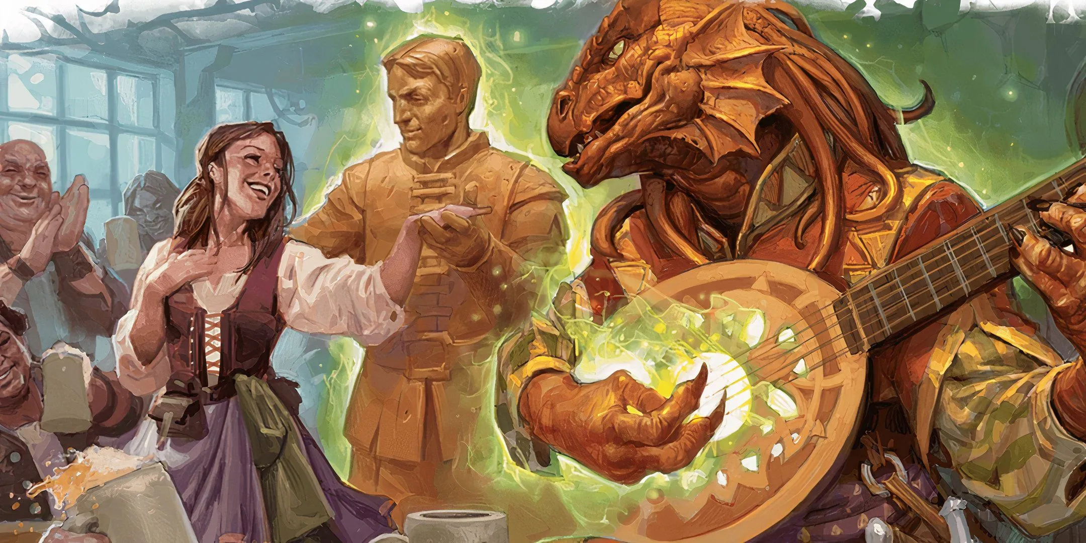 Một nhân vật Dragonborn Bard sử dụng phép thuật để mê hoặc đối thủ, minh họa cho việc áp dụng luật chơi trong Dungeons &amp; Dragons.
