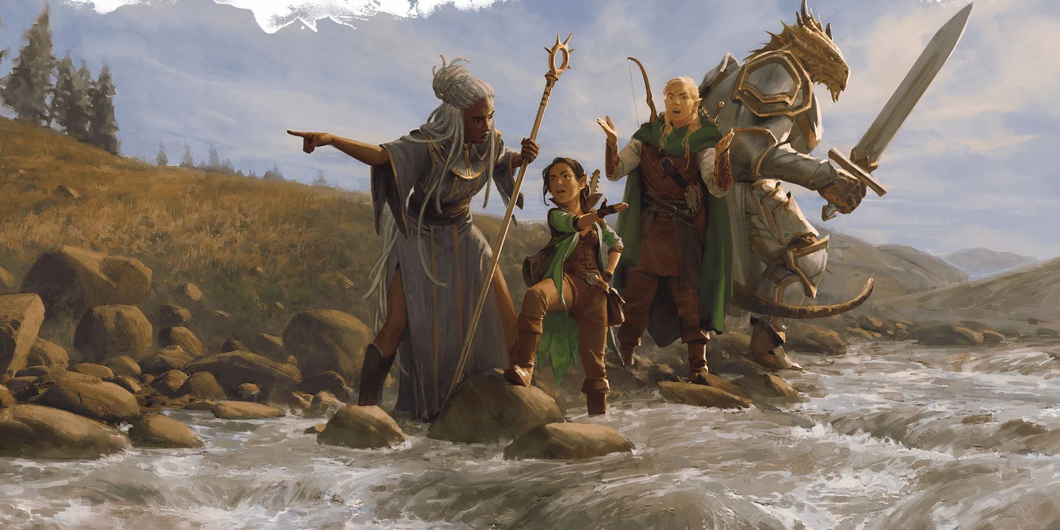 Một nhóm mạo hiểm giả gồm Dragonborn, Elf, Gnome và Con người đang cố gắng vượt sông, minh họa tinh thần thích nghi với những tình huống bất ngờ trong game D&amp;D.