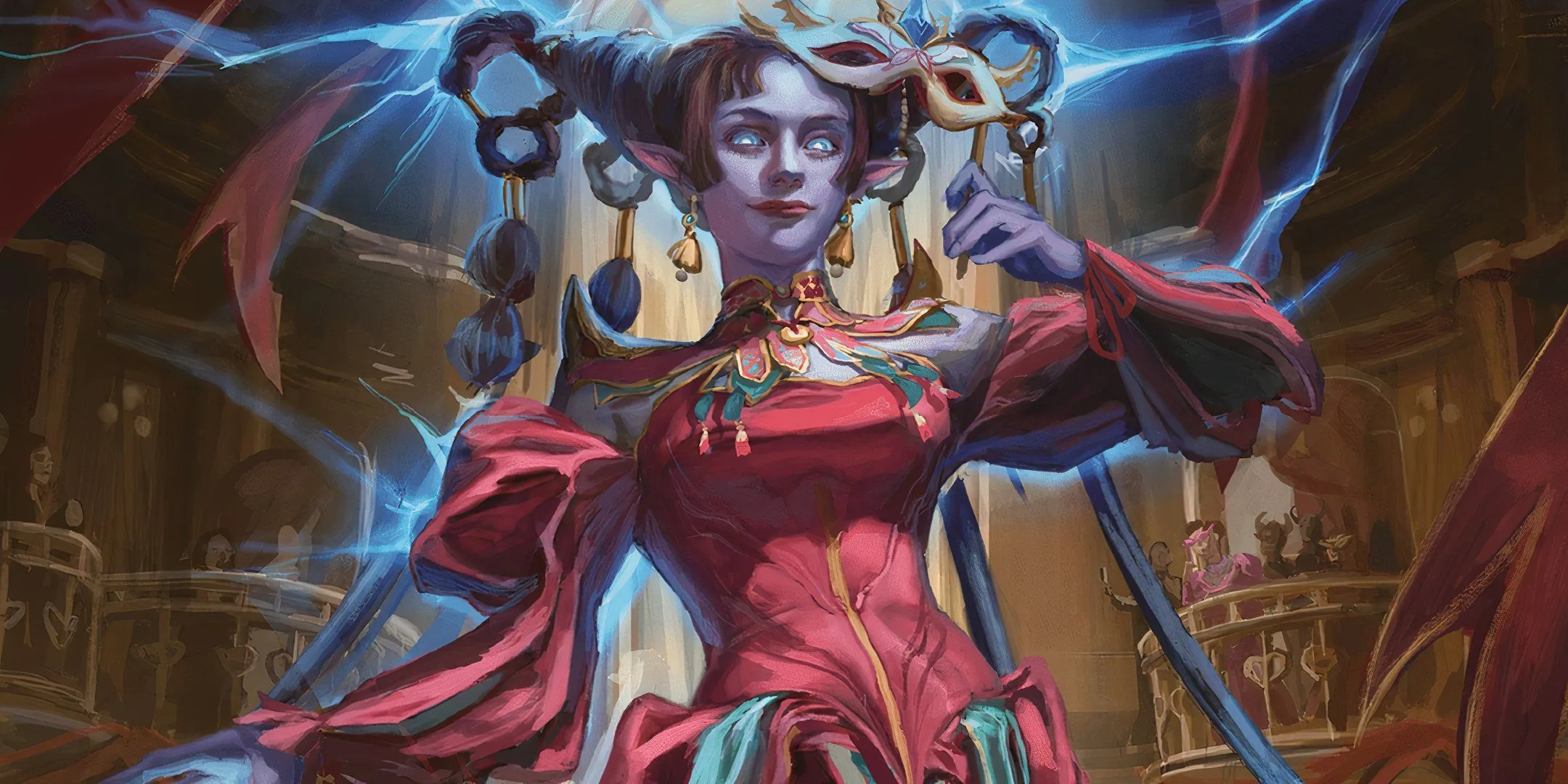 Một nữ pháp sư Tiefling tỏa ra ánh sáng xanh huyền ảo, biểu tượng cho sức mạnh phép thuật, và nhắc nhở về việc tránh các build quá mạnh khi chơi với DM mới trong D&amp;D.