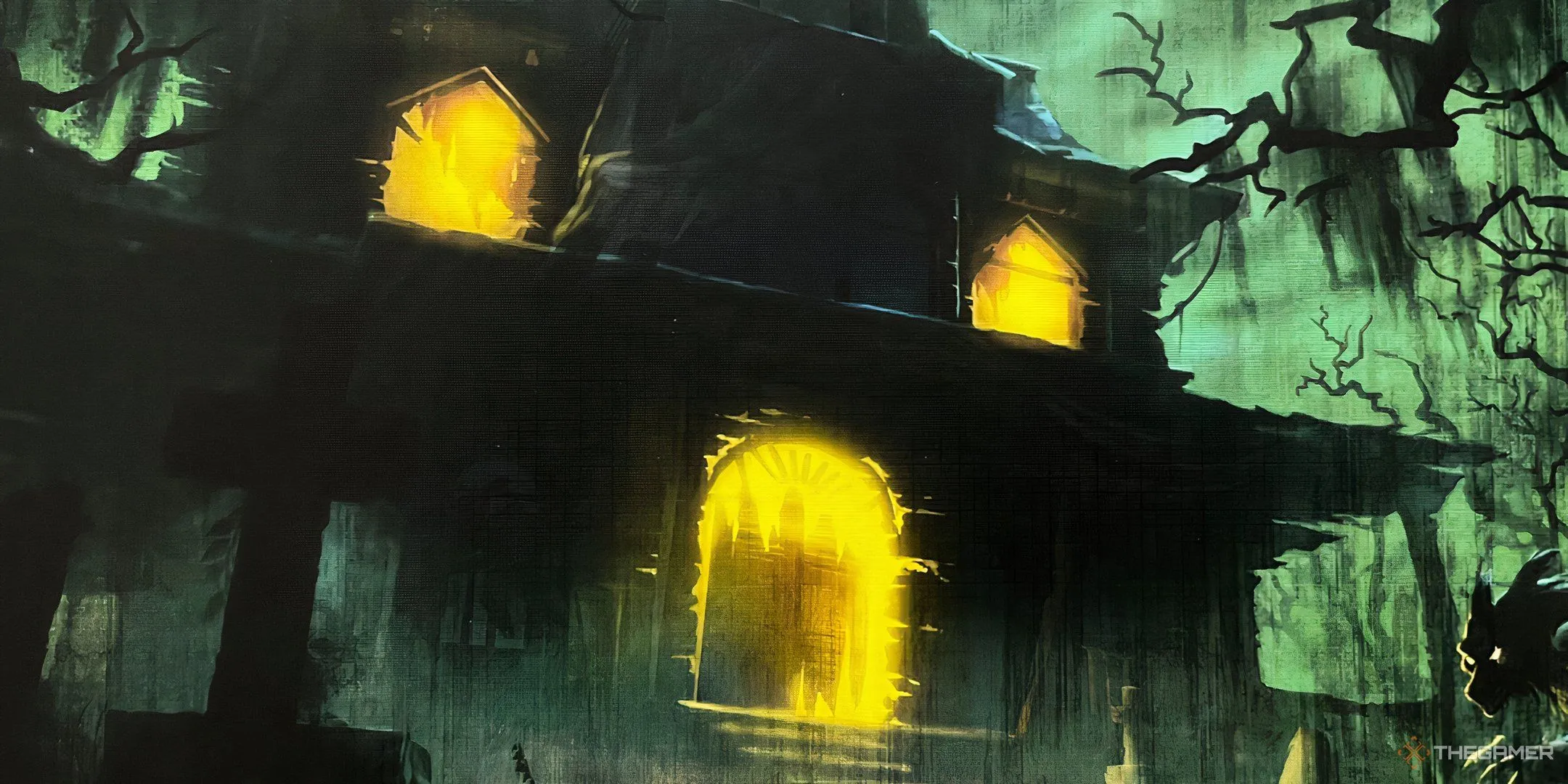Ngôi nhà ma ám trong game Betrayal at House on the Hill với kiến trúc kỳ quái, nơi ẩn chứa những bí mật và cạm bẫy kinh dị.