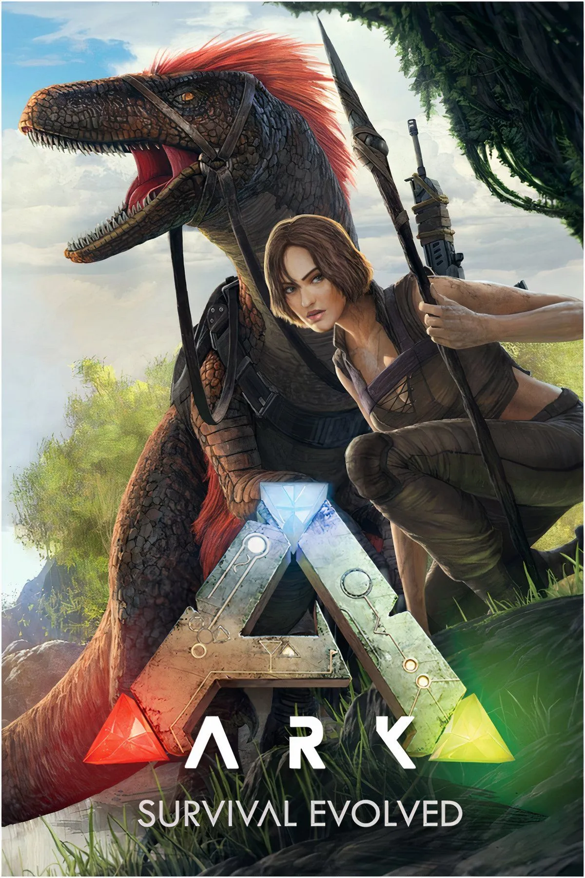 Người chơi cưỡi khủng long qua một khu rừng trong ARK: Survival Evolved