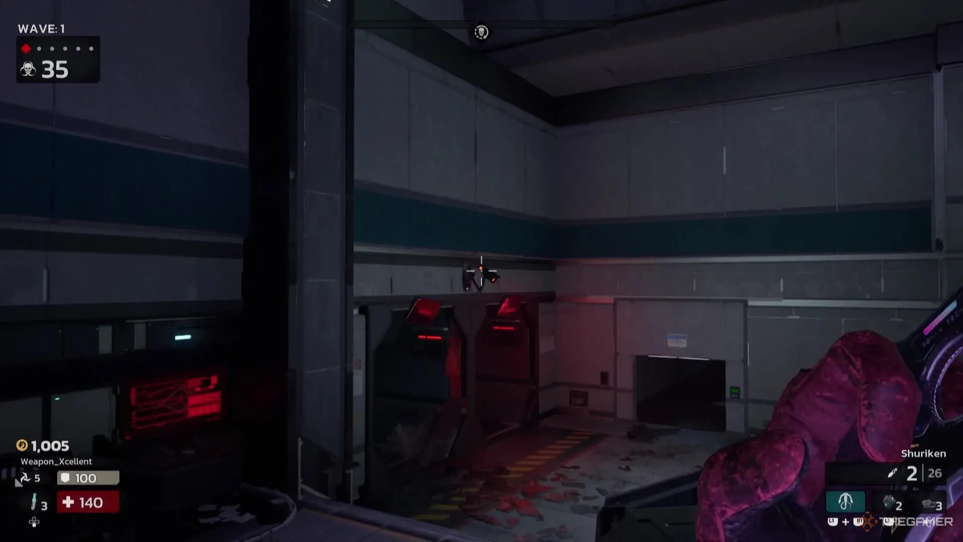 Người chơi đang ngắm bắn một chiếc camera ẩn trong môi trường game Killing Floor 3 để thu thập tài nguyên.