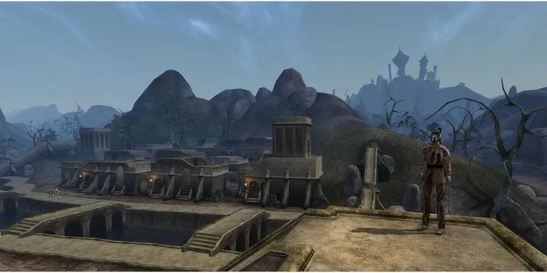 Người Elf bóng tối ngồi trên mái nhà ở Balmora, một thành phố quen thuộc trong Morrowind