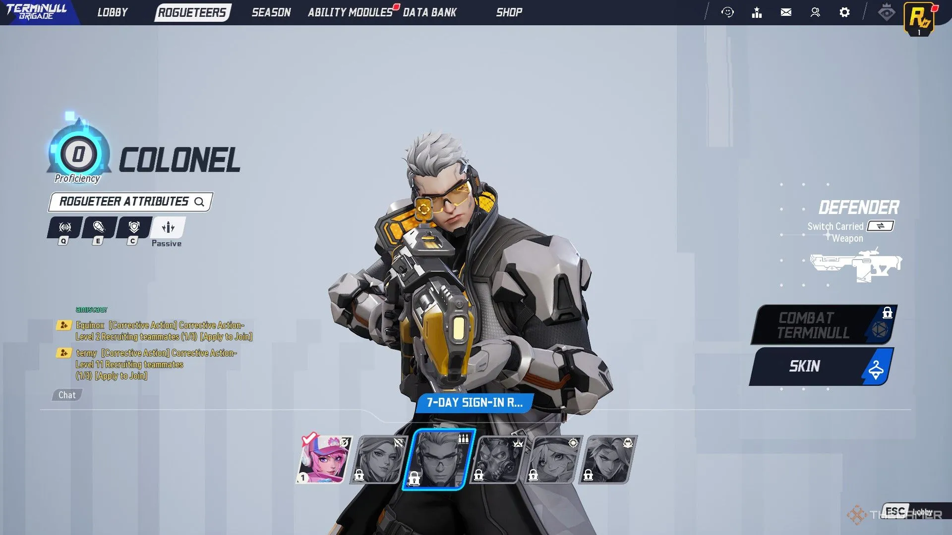 Nhân vật Colonel vui vẻ tạo dáng trong sảnh chờ game Terminull Brigade