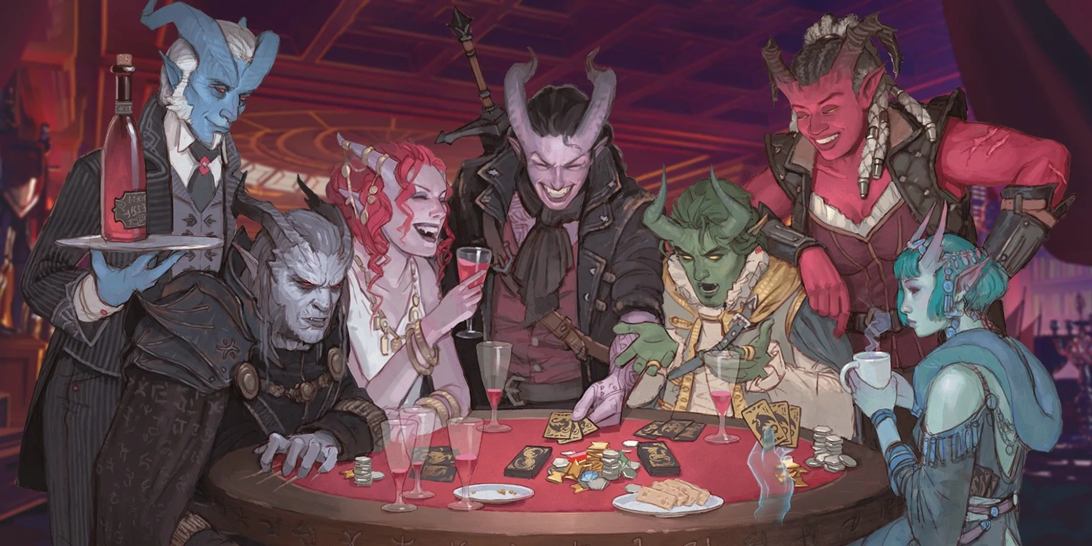 Nhiều nhân vật Tiefling đang tụ tập chơi bài, gợi nhắc về tầm quan trọng của sự tập trung và tránh các cuộc trò chuyện gây xao nhãng trong buổi chơi Dungeons &amp; Dragons.