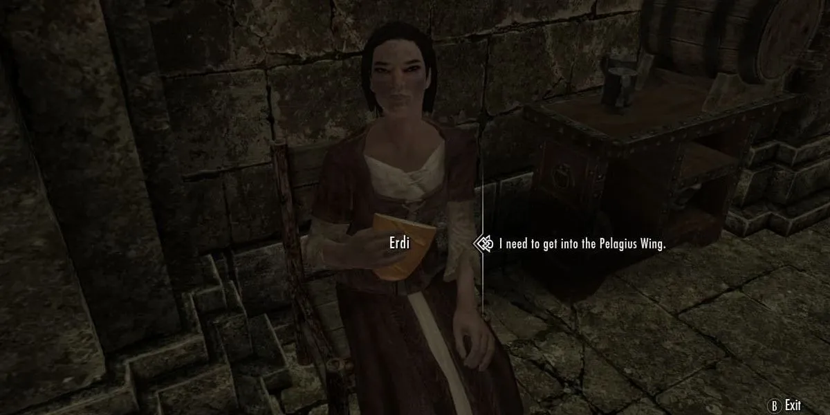 NPC Erdi trong cung điện Blue Palace ở Solitude, điểm khởi đầu nhiệm vụ The Mind Of Madness trong Skyrim.
