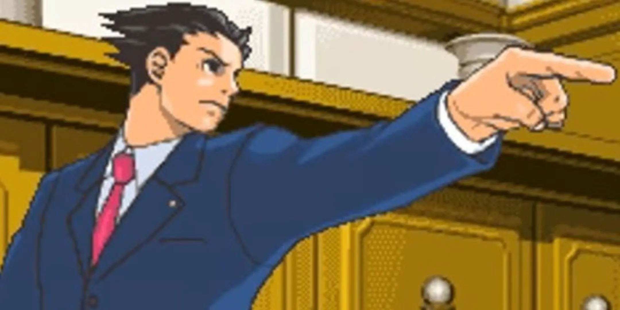 Phoenix Wright chỉ tay phải trong phiên bản DS của Phoenix Wright: Ace Attorney, một khoảnh khắc quyết định trong phiên tòa