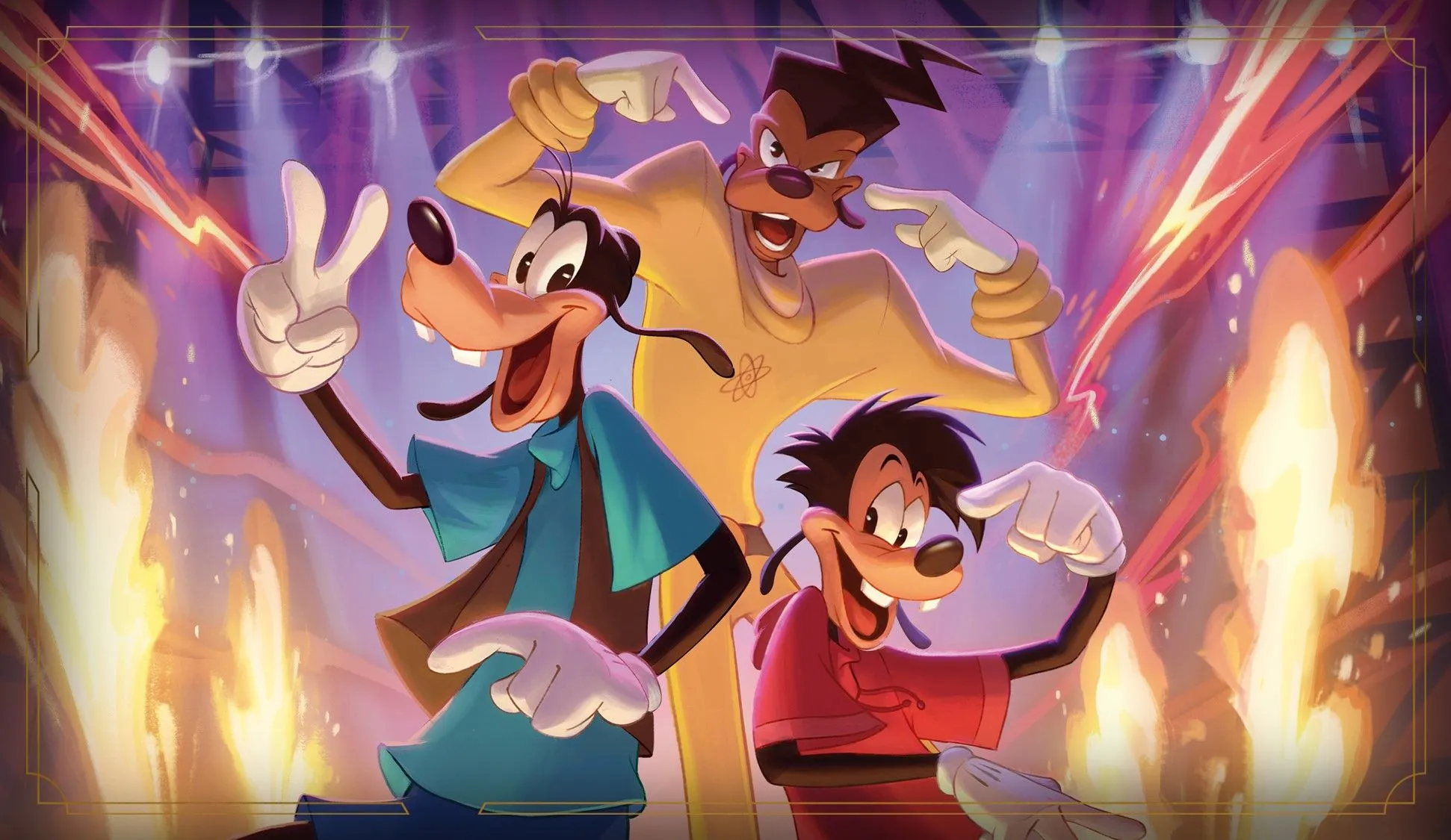 Powerline từ phim A Goofy Movie trình diễn trên sân khấu, biểu trưng cho sự ra mắt của thẻ Powerline Floodborn trong Disney Lorcana.