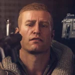 Rip Blazkowicz ngồi với hai khẩu súng chĩa vào đầu, khung cảnh tối tăm và căng thẳng
