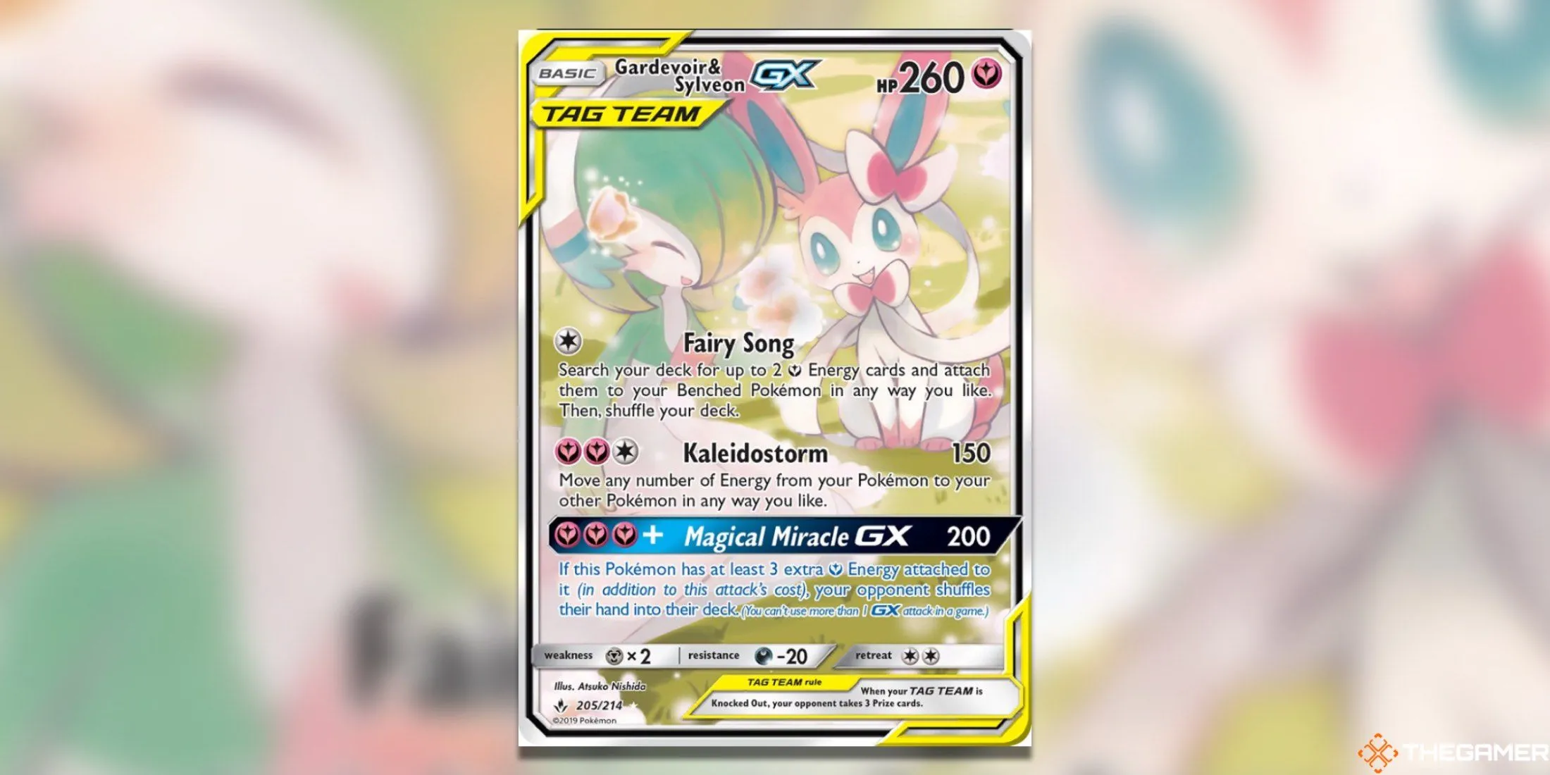 Thẻ bài Pokemon TCG Gardevoir &amp; Sylveon GX Alternate Full Art từ bộ Unbroken Bonds, hai Pokemon hệ Tiên đồng hành cùng nhau.